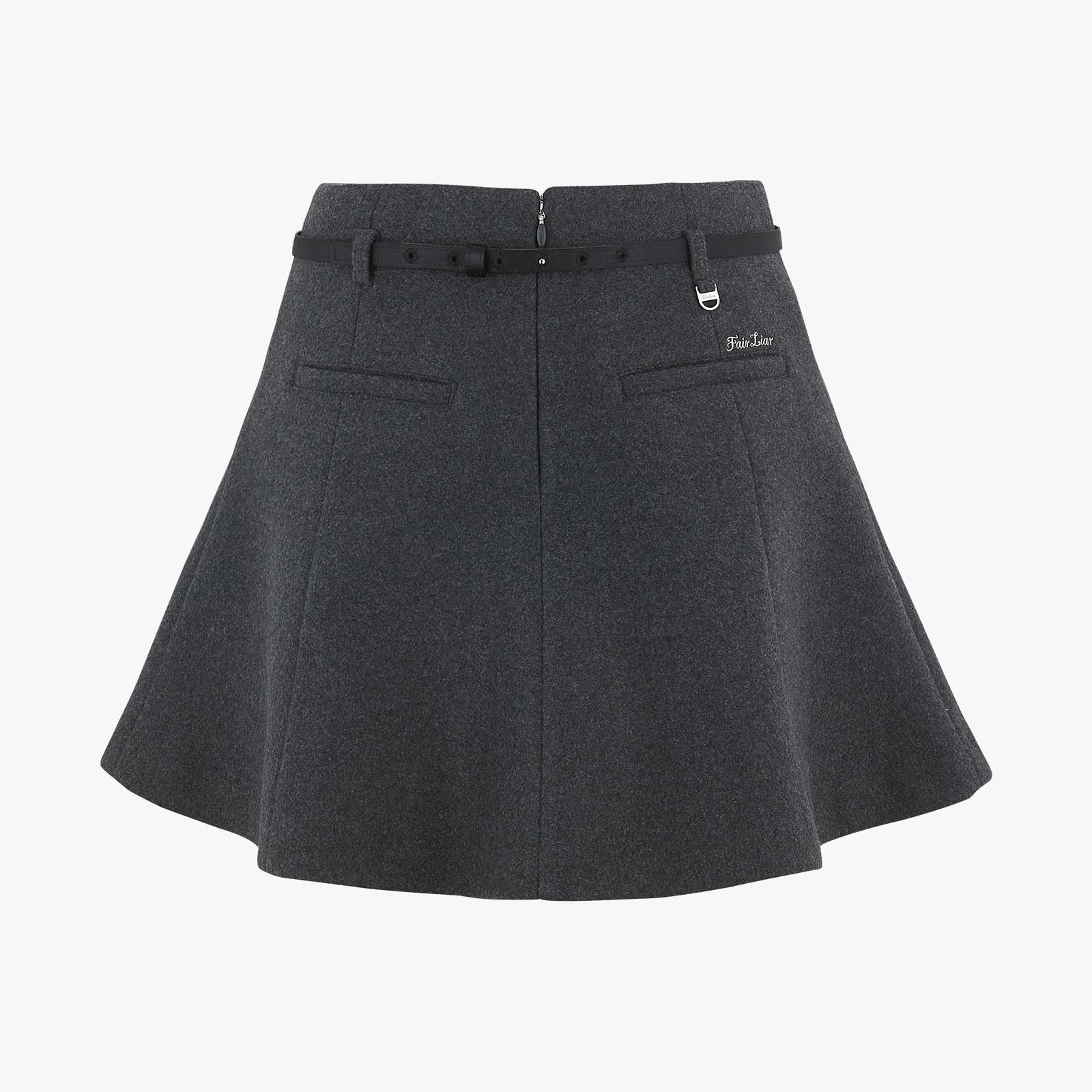FairLiar - Chân váy Ribbon Belt Flare Wool - Xám