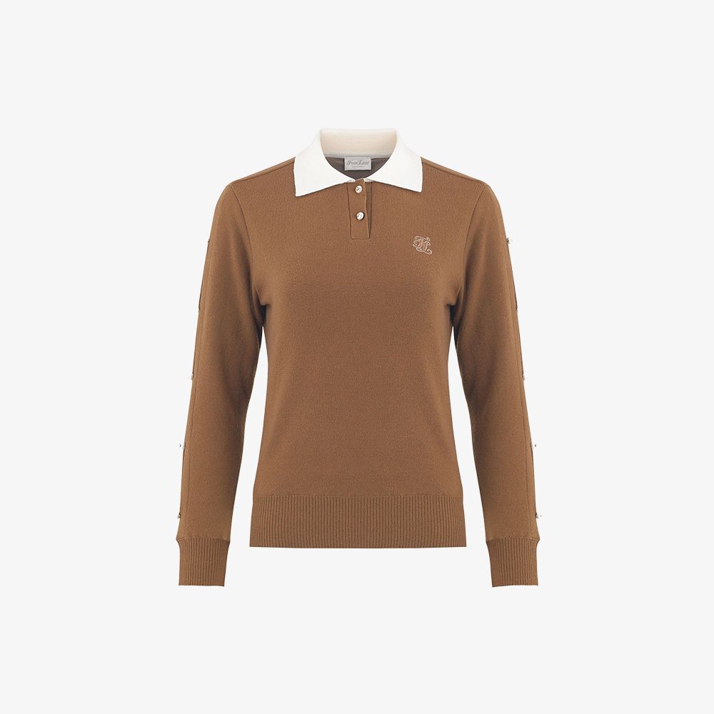 FairLiar - Áo len Pearl Decorated Collar Windproof - Be