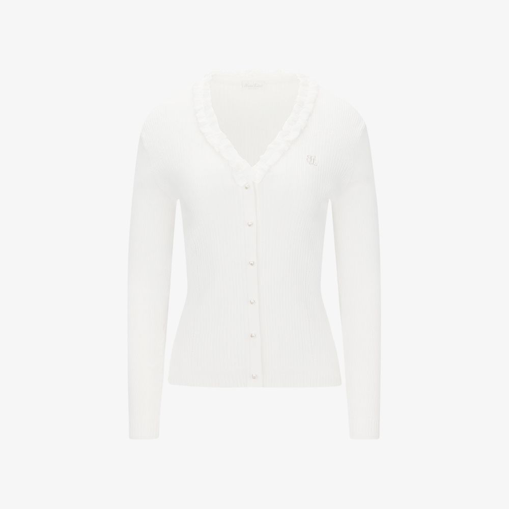 FairLiar - Áo Cardigan nữ Ribbed Frill - Trắng ngà