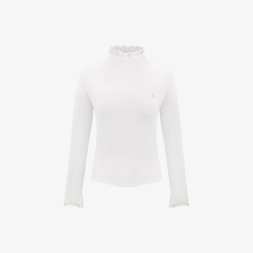 FairLiar - Áo dệt kim nữ Double Frill High-Neck - Trắng