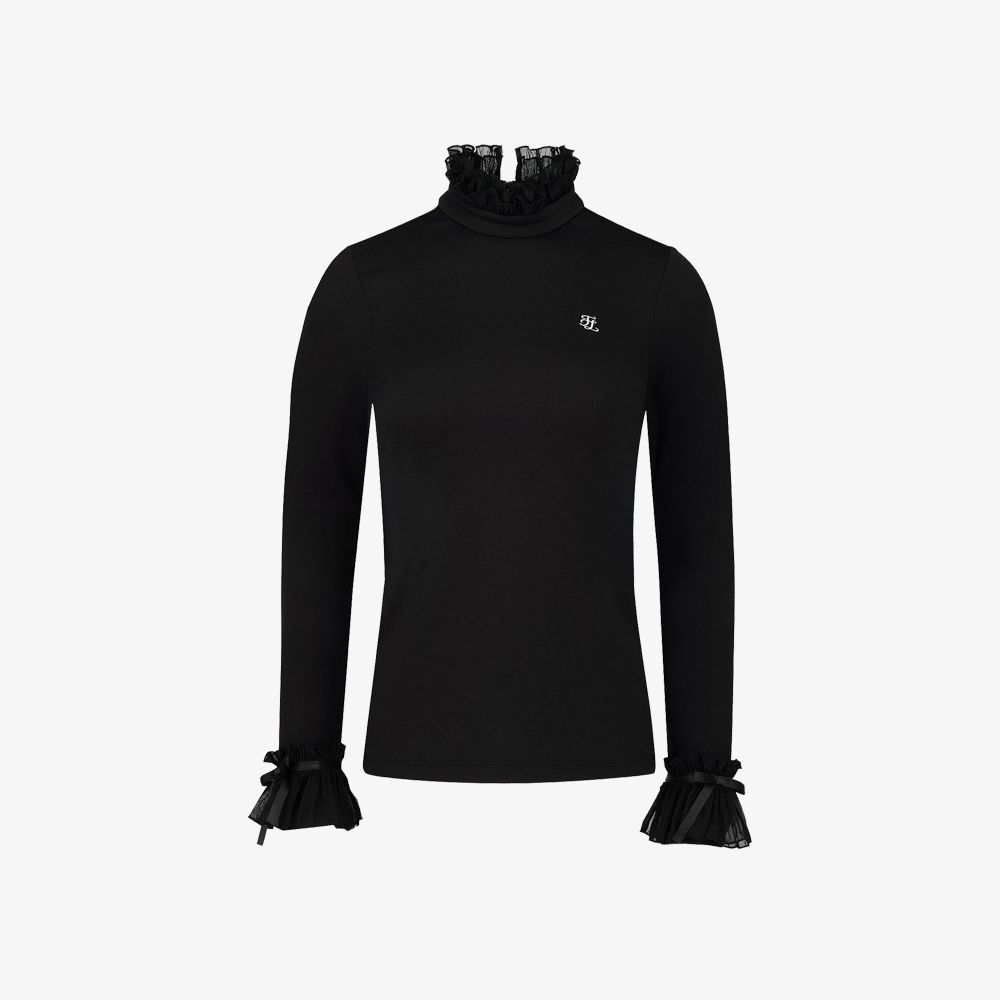 FairLiar - Áo thun Frill Sleeve High-Neck - Đen