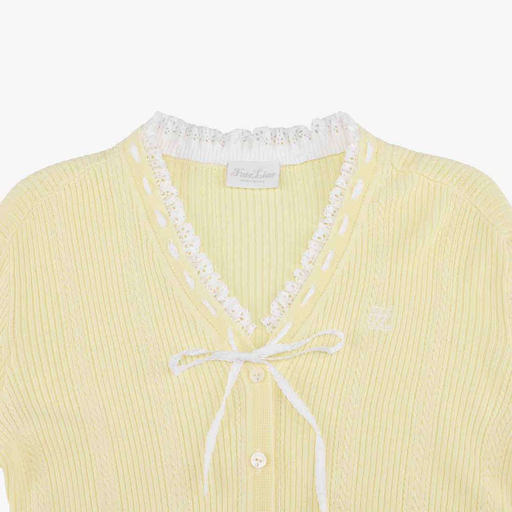 FairLiar - Áo cardigan cổ chữ V xếp nếp Vàng
