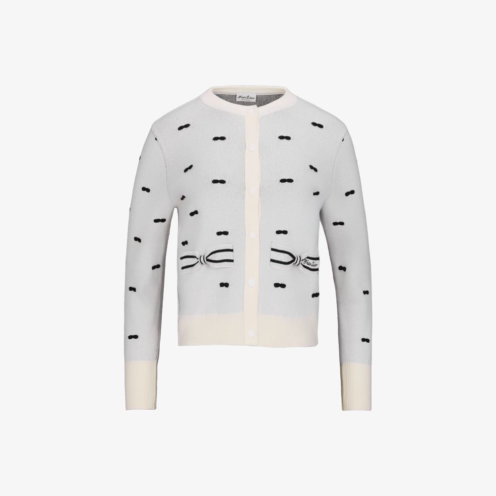 Áo cardigan dệt jacquard với ruy băng Kem