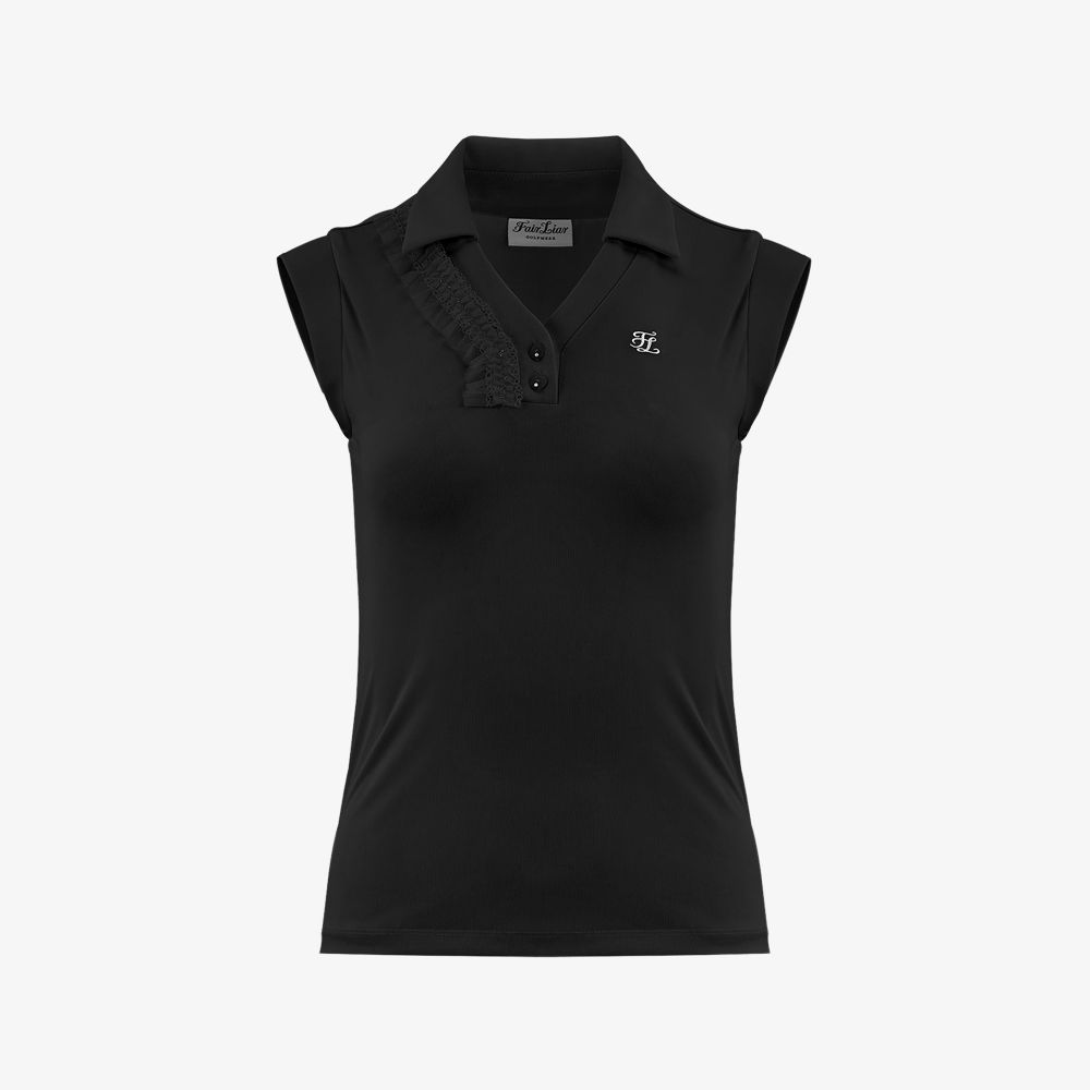 FairLiar - Áo thun Frill V-neck Sleeveless - Đen