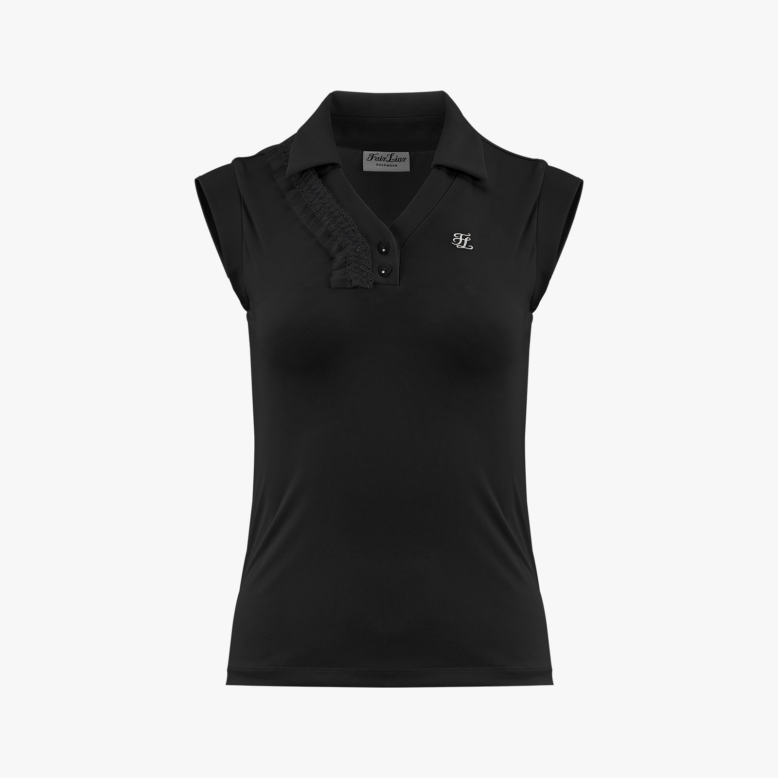 FairLiar - Áo thun Frill V-neck Sleeveless - Đen