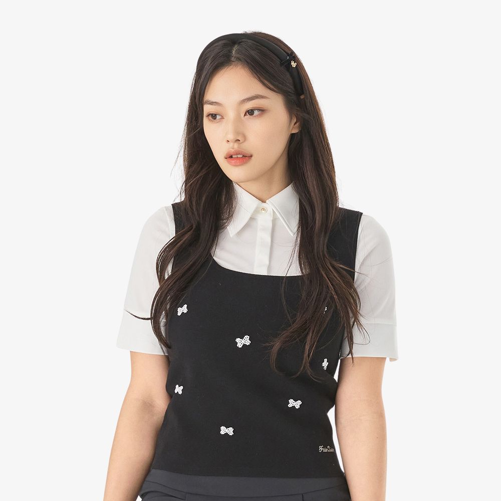 FairLiar - Áo vest cổ vuông có đính ruy băng ngọc trai