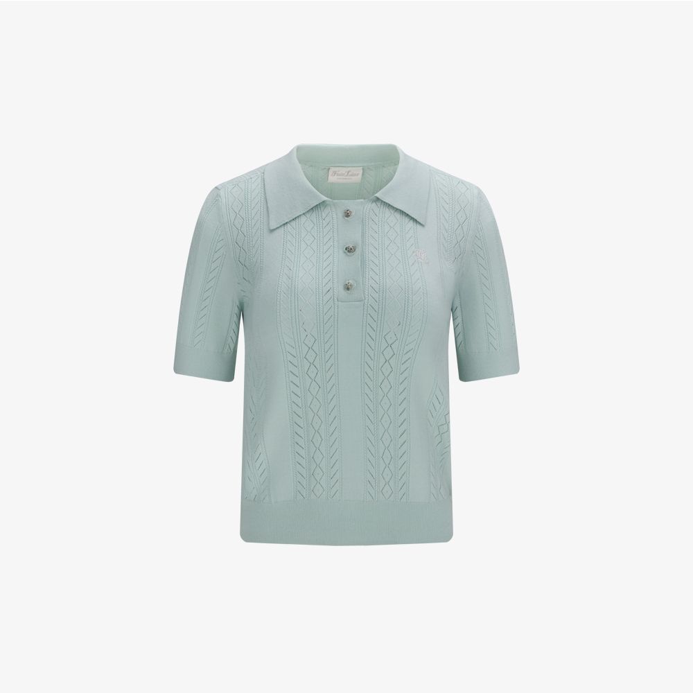 FairLiar - Áo Ribbon Button Mesh Short Sleeve Knit
