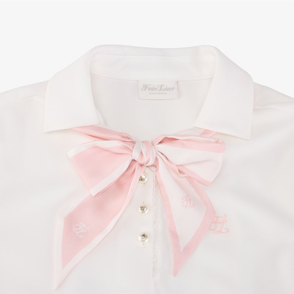 FairLiar - Áo ngắn tay Scarf Set Open-neck