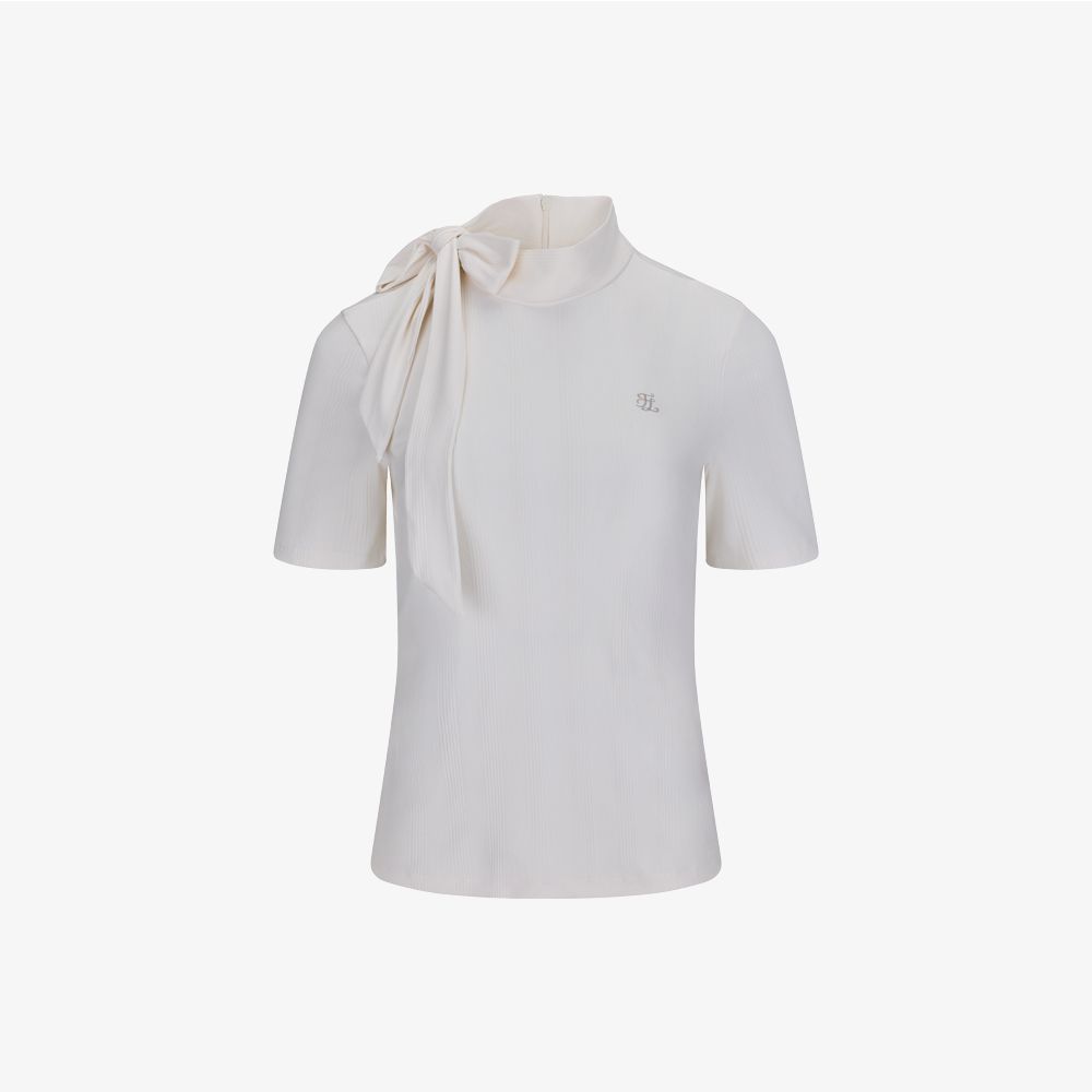 FairLiar - Áo thun cổ cao thắt nơ Seven-Button