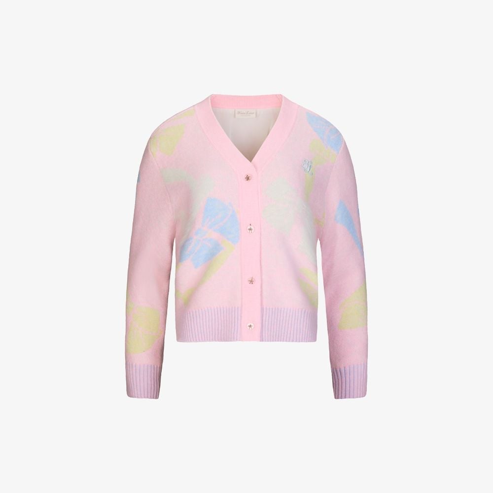 Áo cardigan gió jacquard họa tiết nơ Hồng