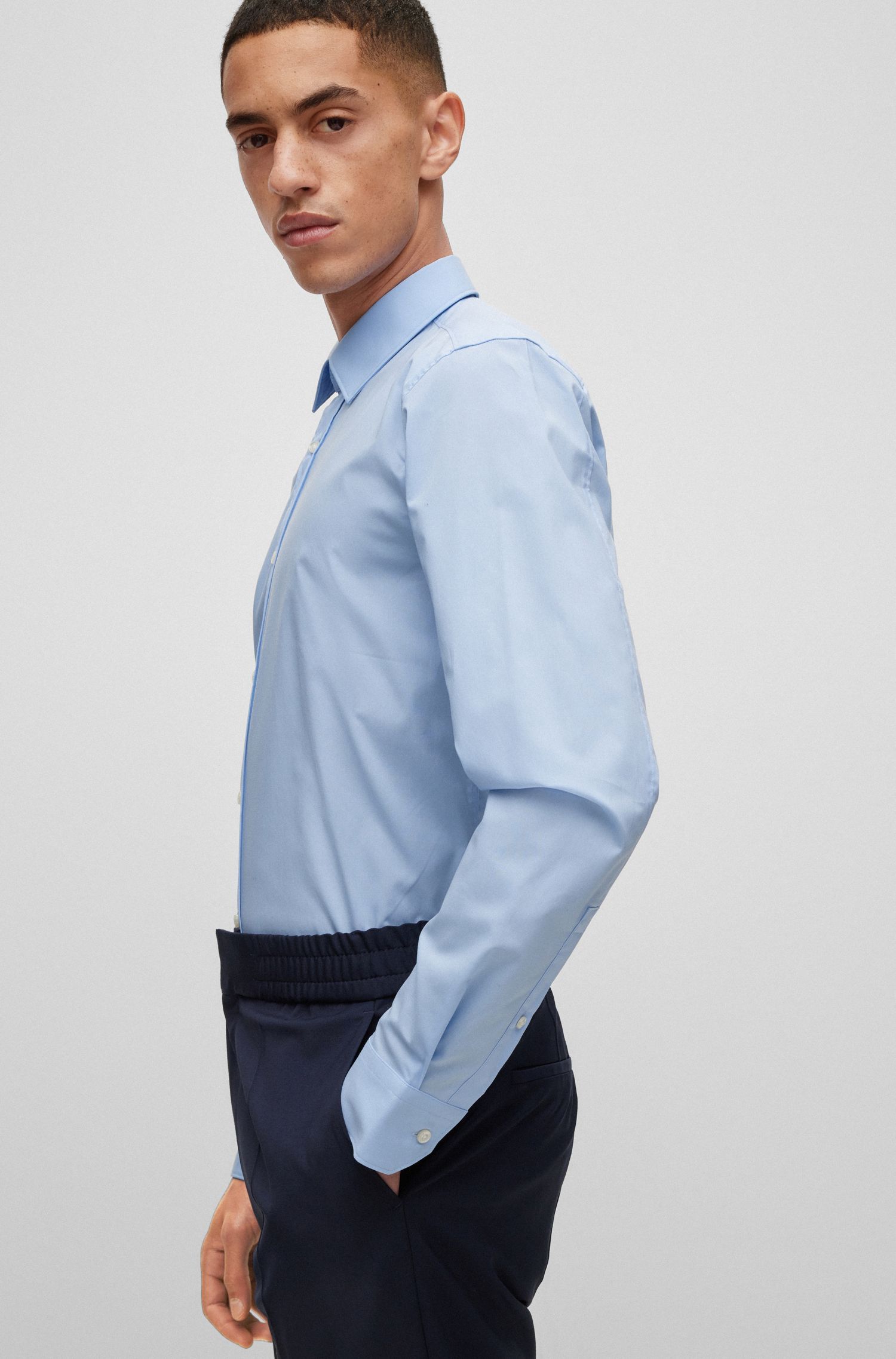 HUGO - Áo sơ mi dáng ôm vải poplin cotton co giãn