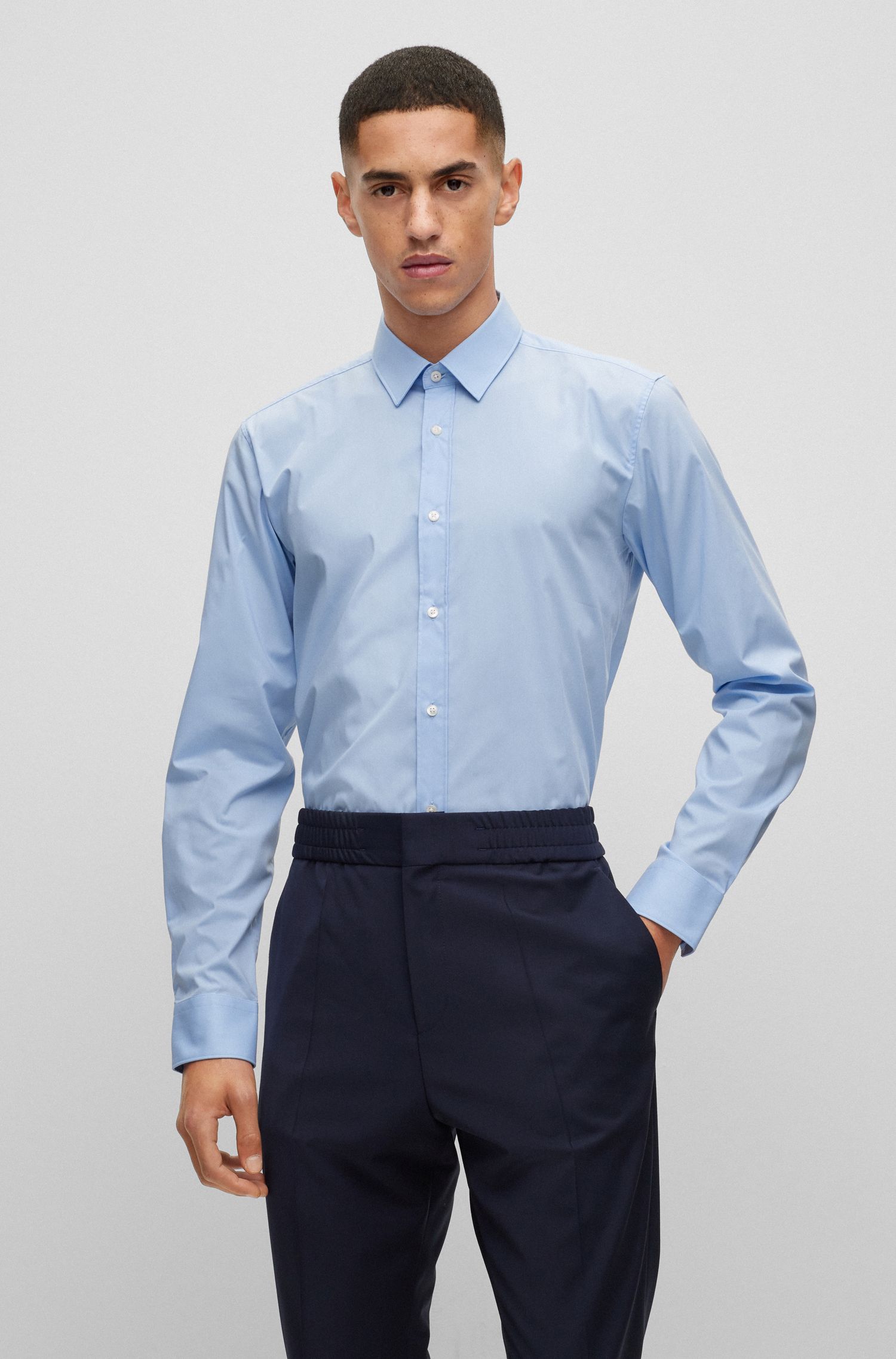 HUGO - Áo sơ mi dáng ôm vải poplin cotton co giãn