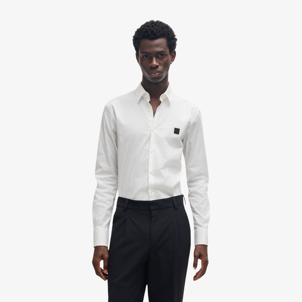 HUGO - Áo sơ mi dáng slim-fit từ cotton co giãn với logo chồng