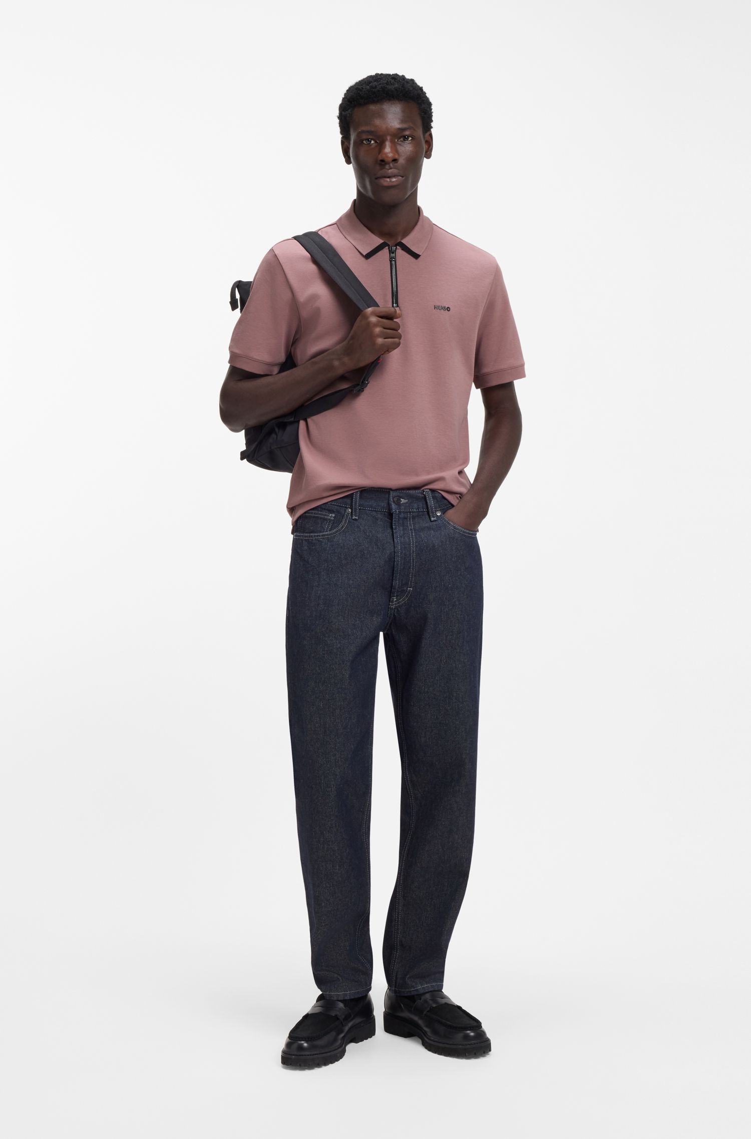 HUGO - Áo polo cotton piqué có logo tương phản
