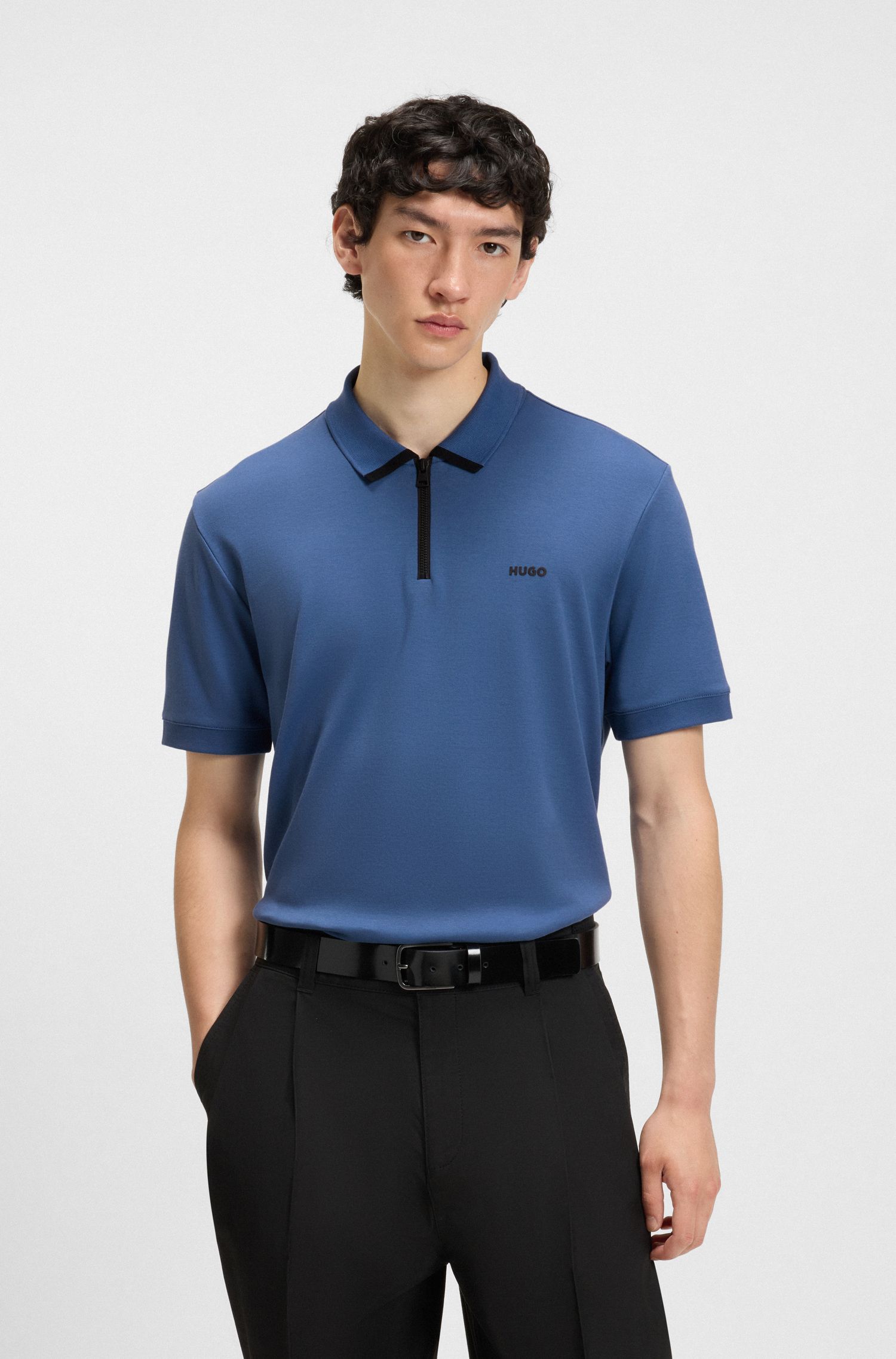 HUGO - Áo polo cotton piqué có logo tương phản