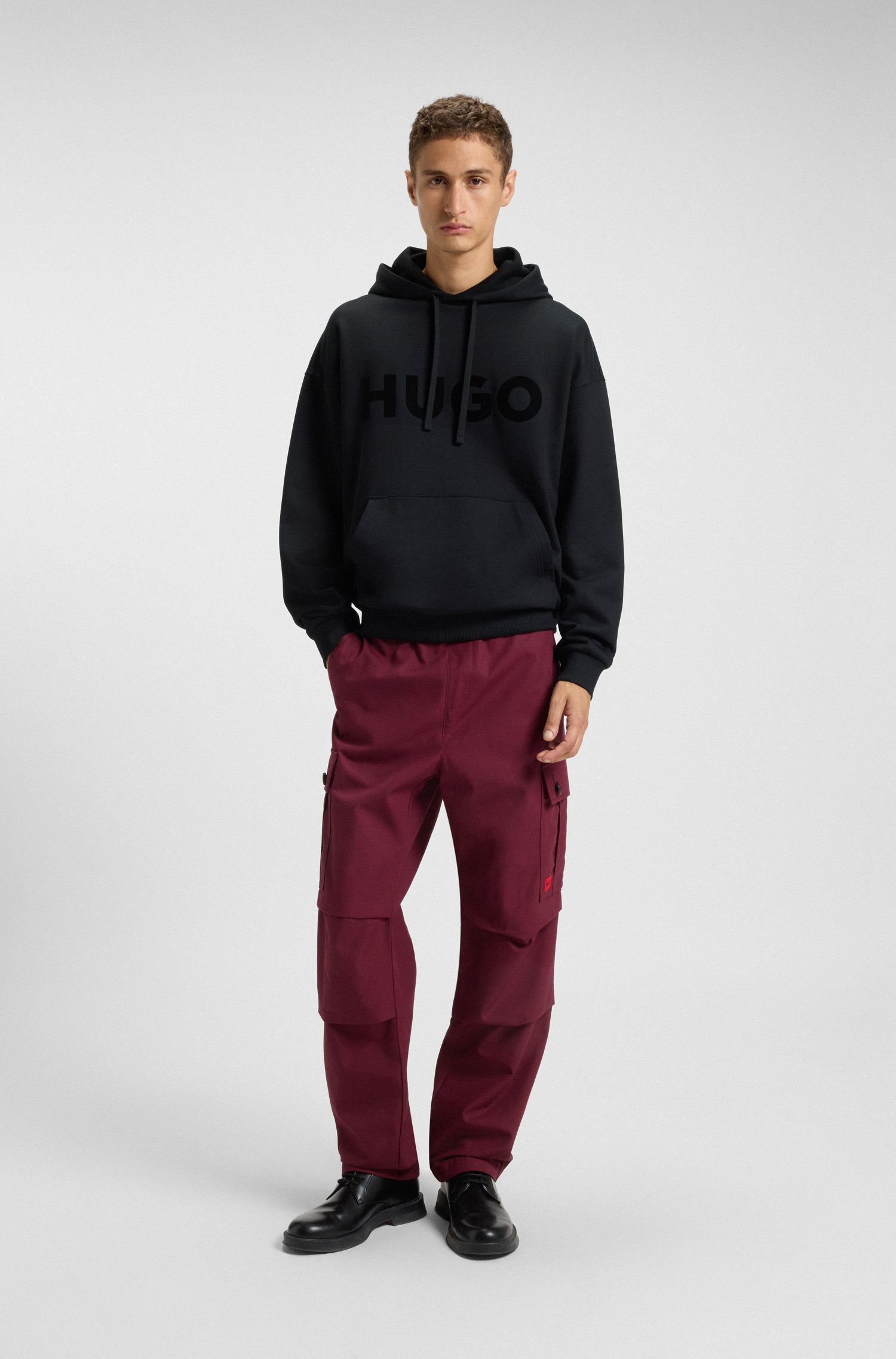 HUGO - Áo hoodie oversized vải cotton terry phối logo cùng tông màu
