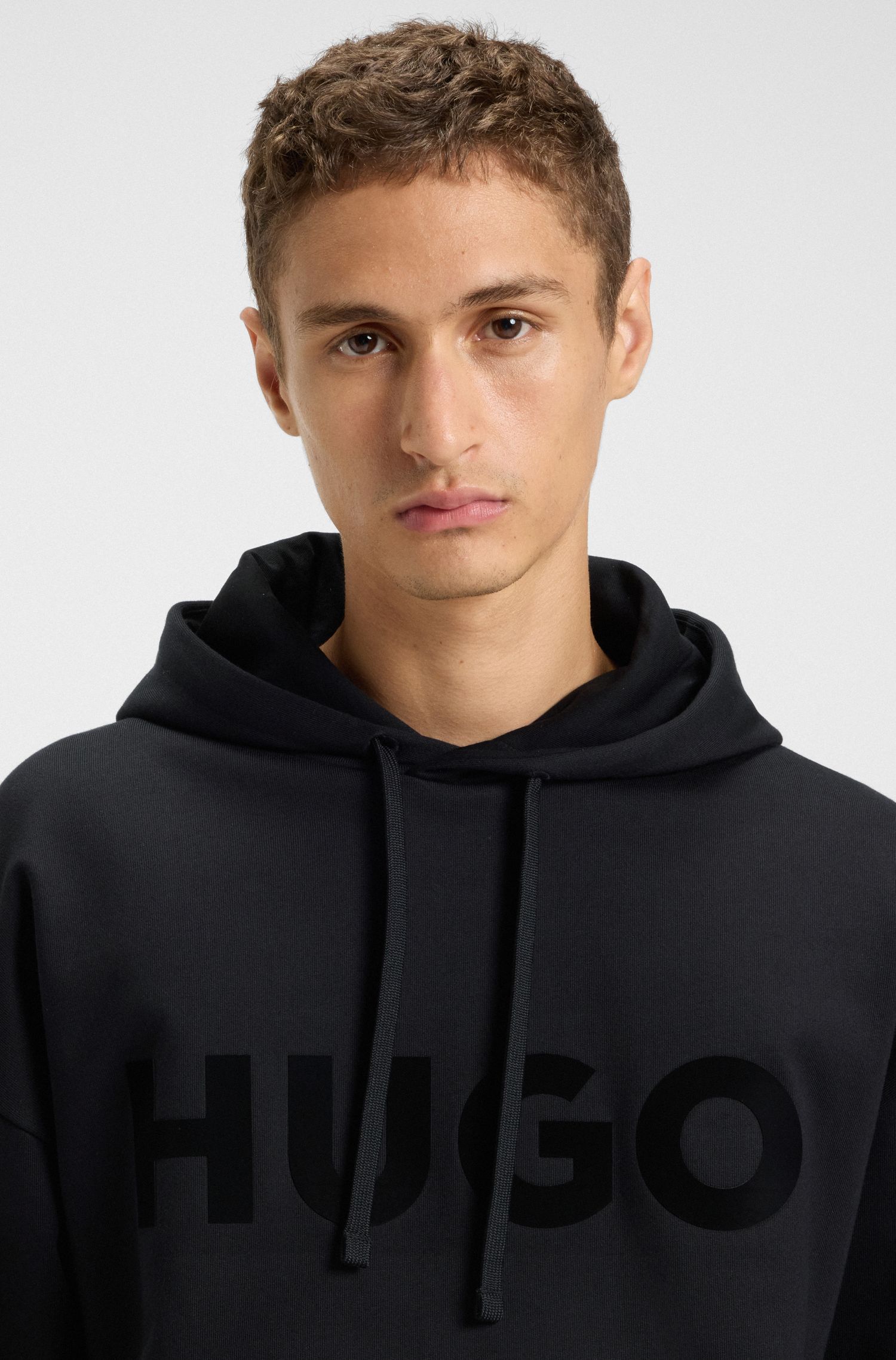 HUGO - Áo hoodie oversized vải cotton terry phối logo cùng tông màu