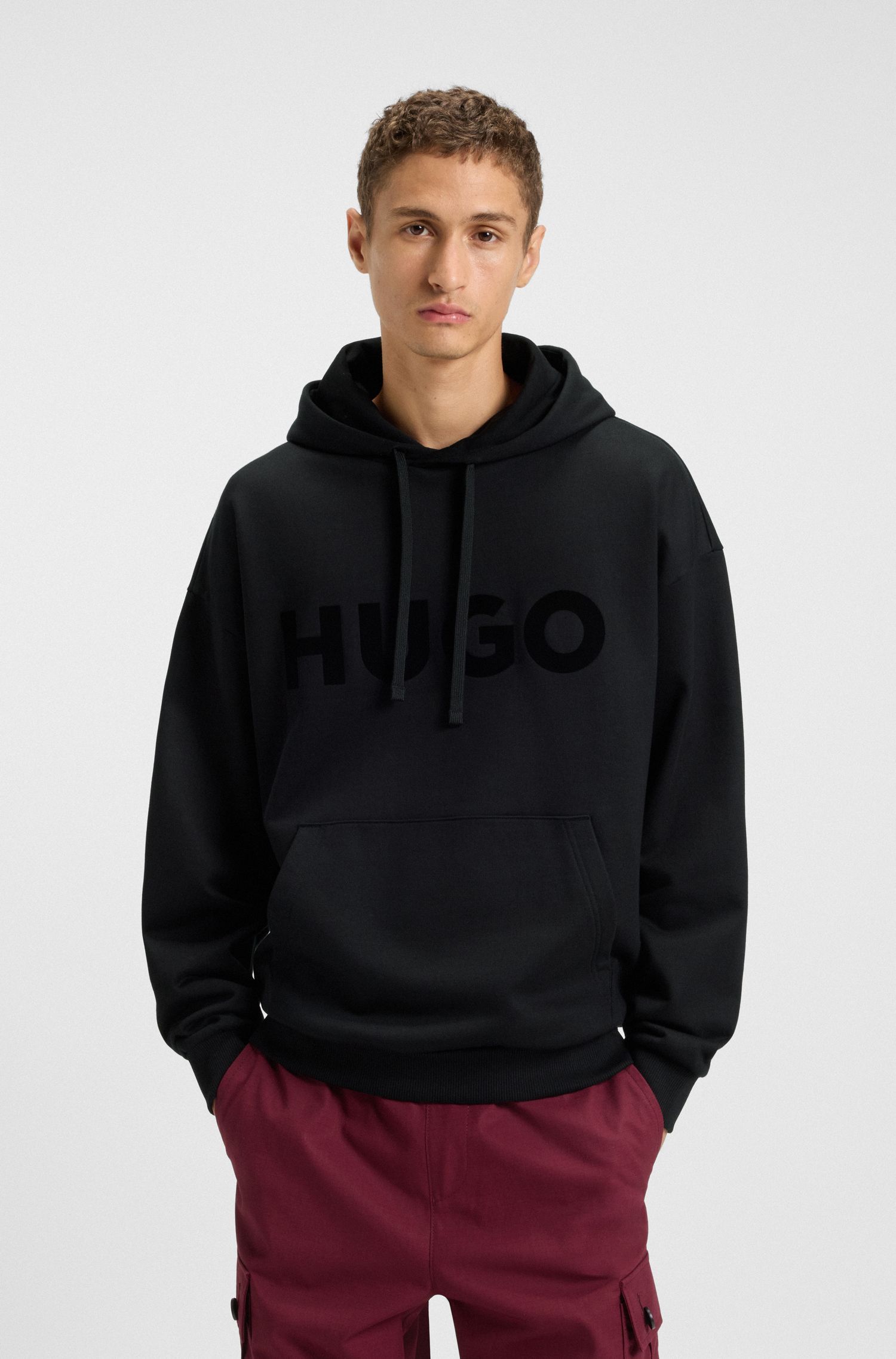 HUGO - Áo hoodie oversized vải cotton terry phối logo cùng tông màu