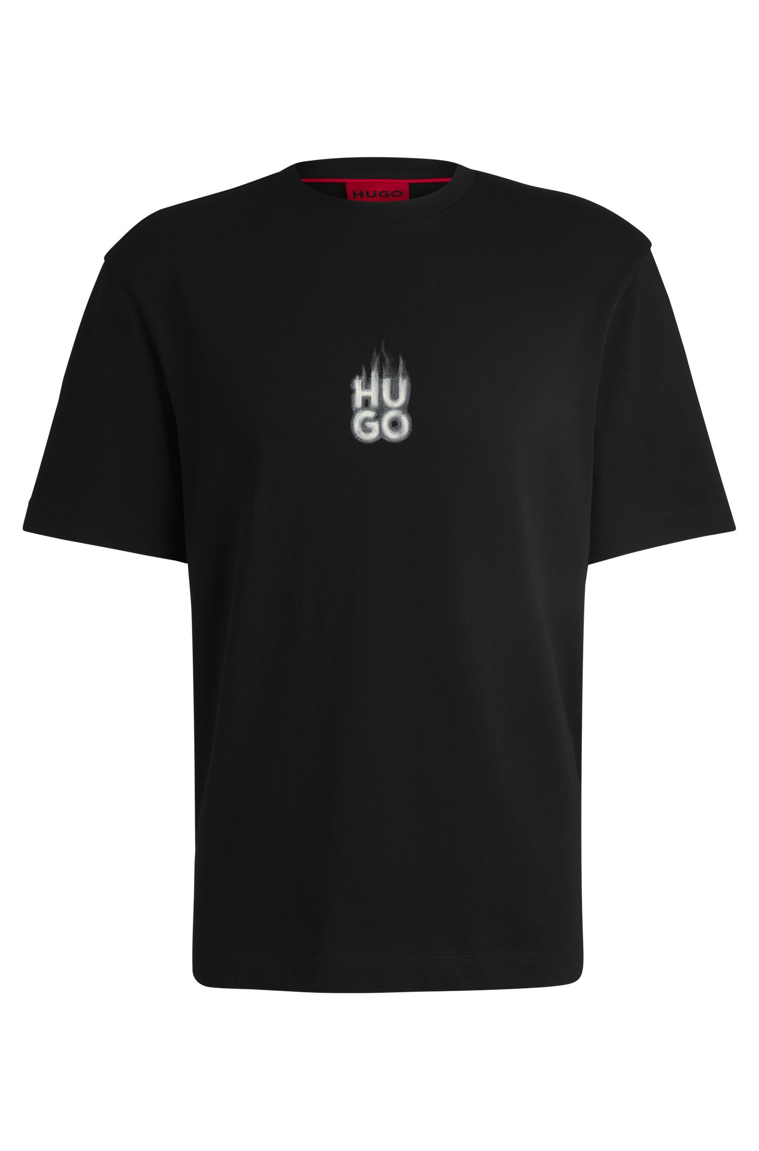 HUGO - Áo thun vải cotton-jersey với họa tiết logo khói xếp chồng