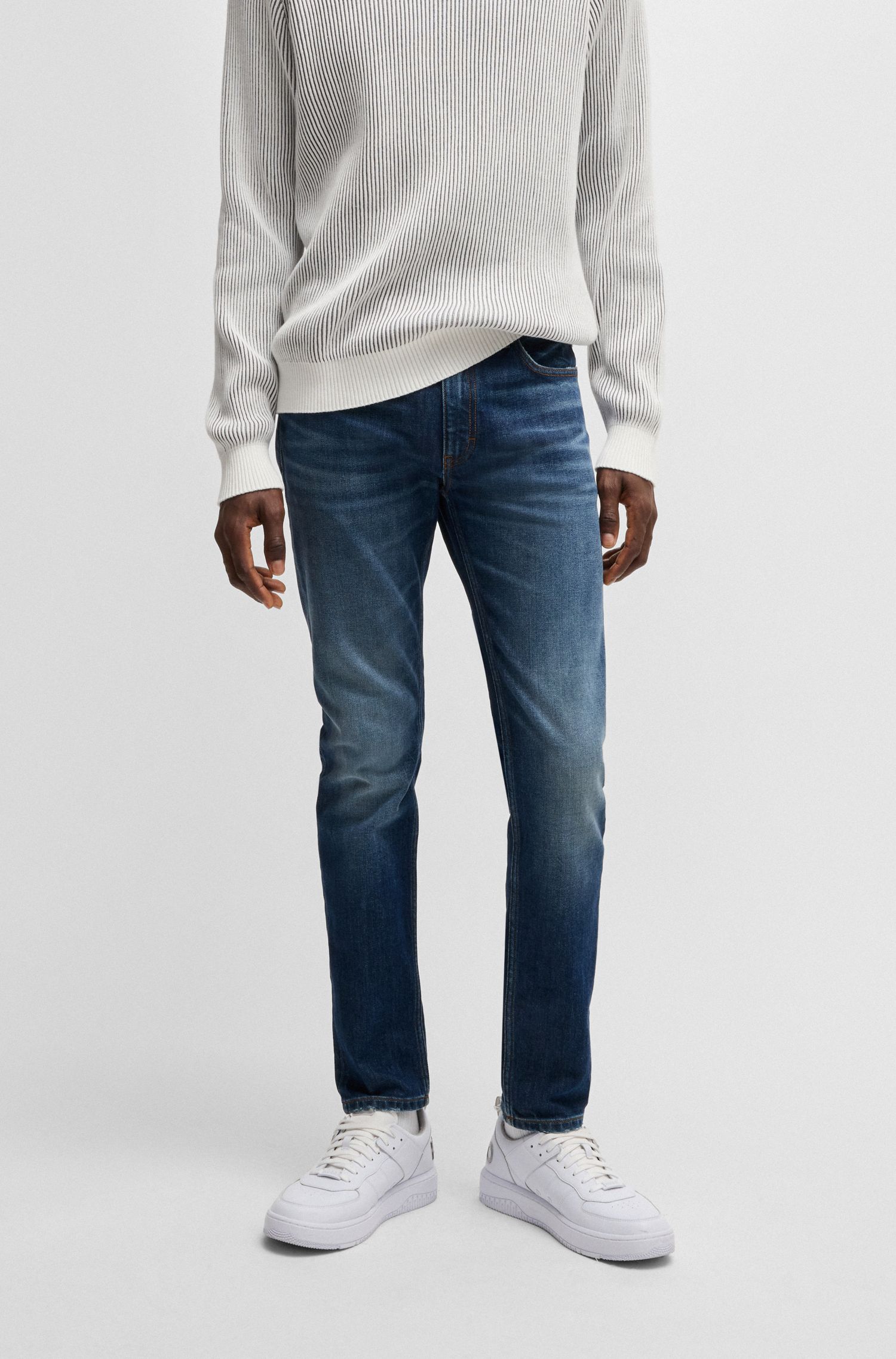 Quần jean dáng extra-slim-fit vải denim co giãn màu xanh đậm