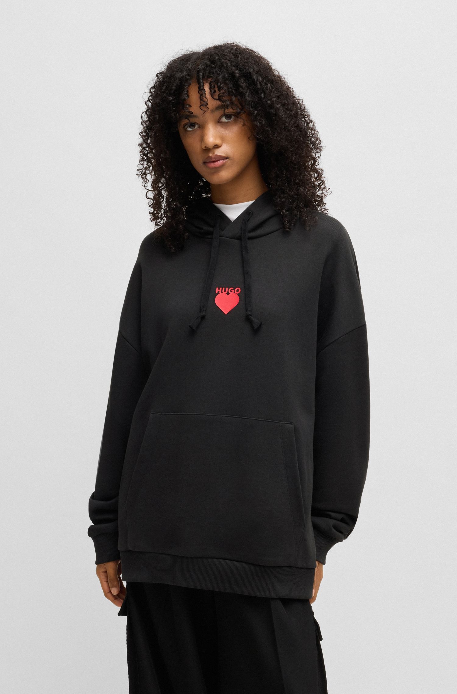 HUGO - Áo hoodie vải cotton-terry có hoạ tiết trái tim
