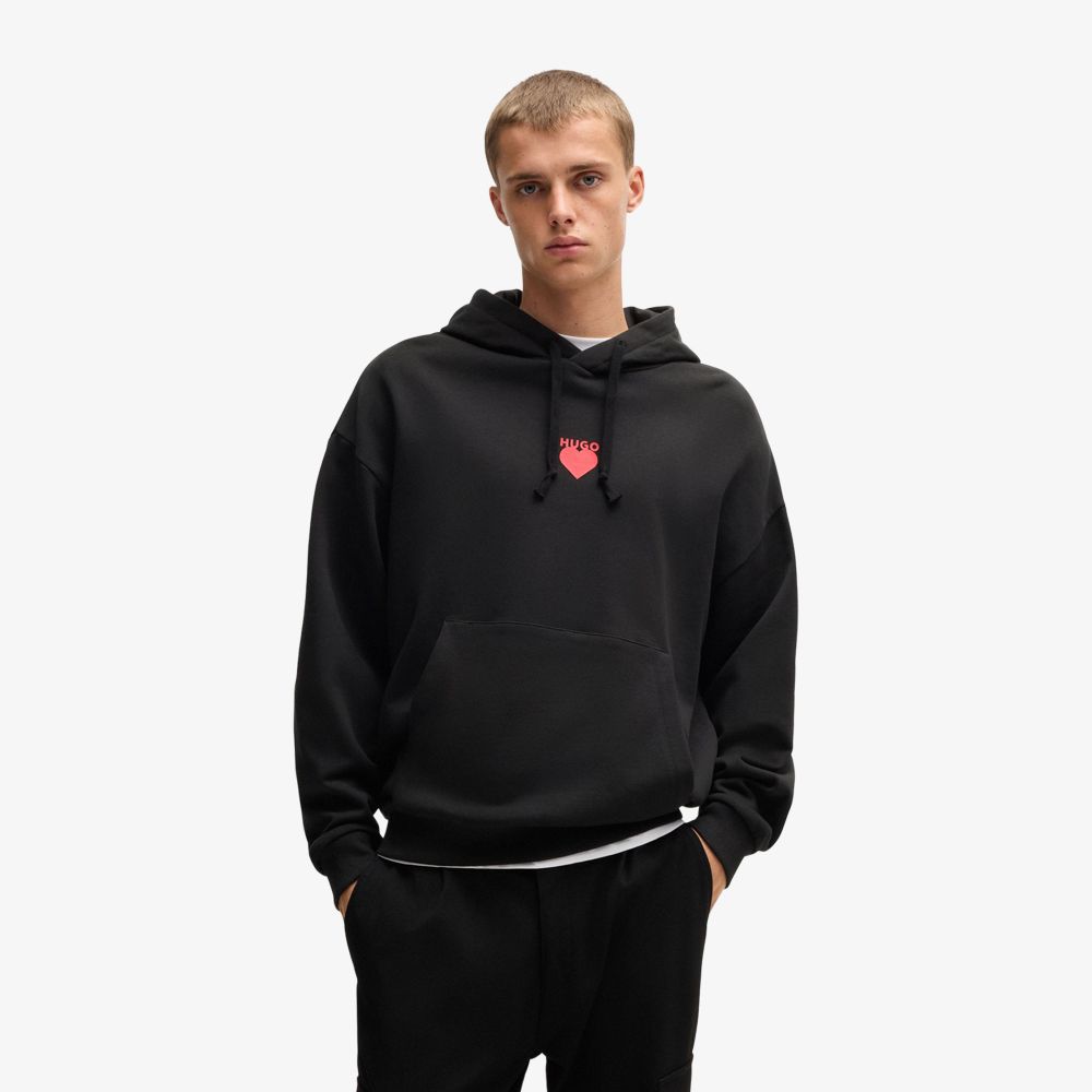 HUGO - Áo hoodie vải cotton-terry có hoạ tiết trái tim