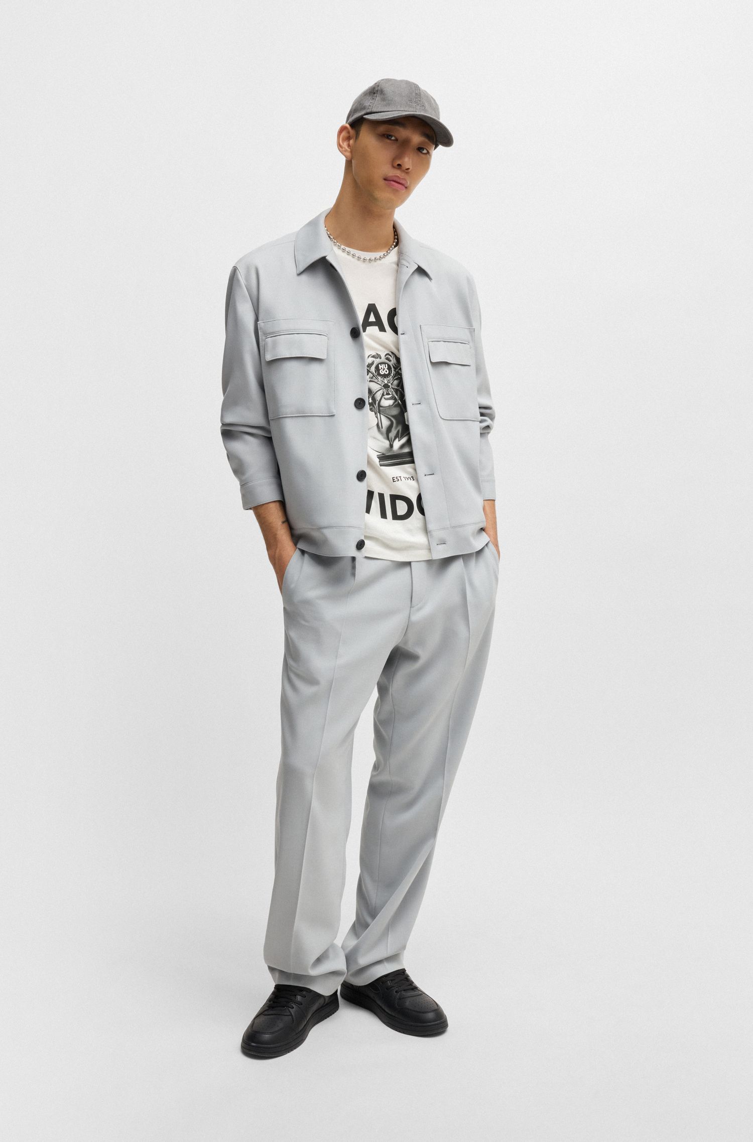 HUGO - Áo thun cotton vải cotton jersey họa tiết in con nhện