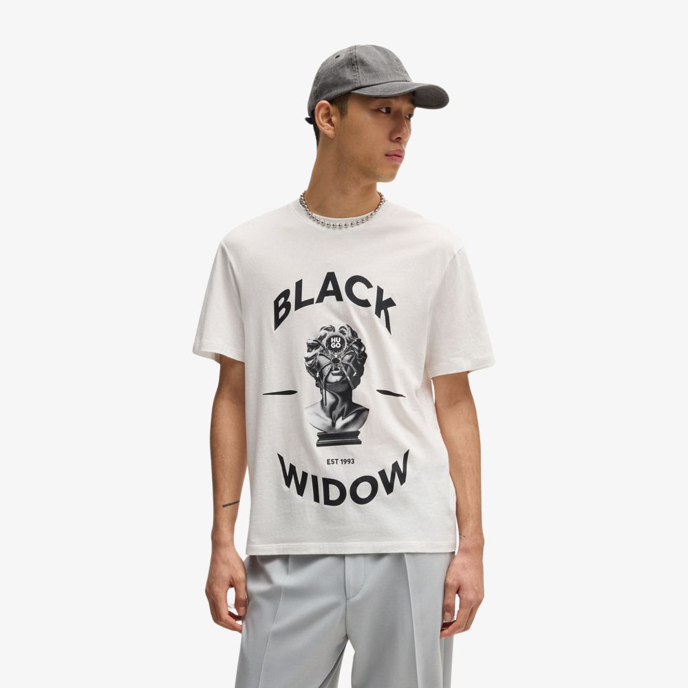 HUGO - Áo thun cotton vải cotton jersey họa tiết in con nhện