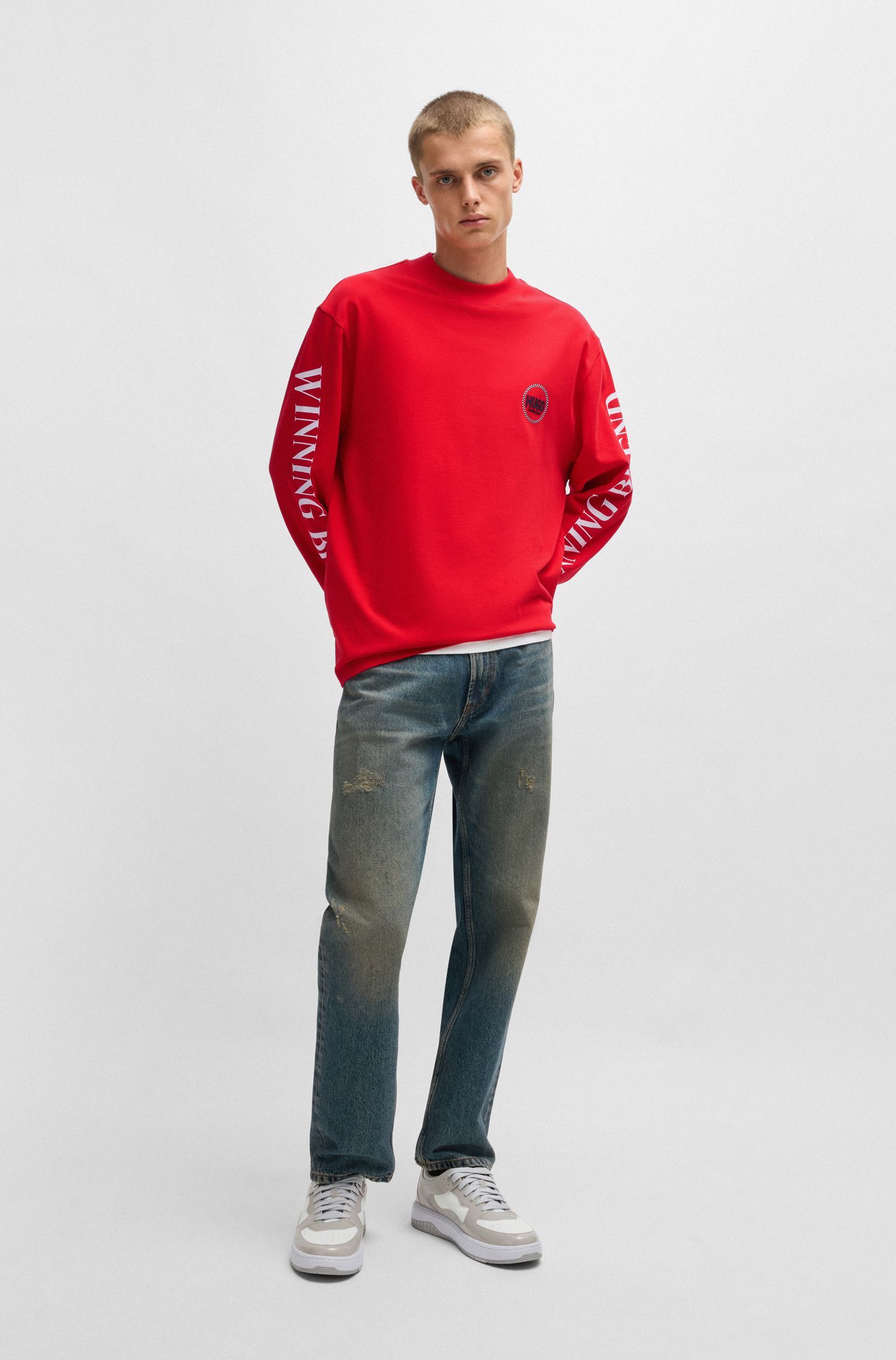 HUGO - Áo thun dài tay dáng relaxed vải cotton in họa tiết đua xe