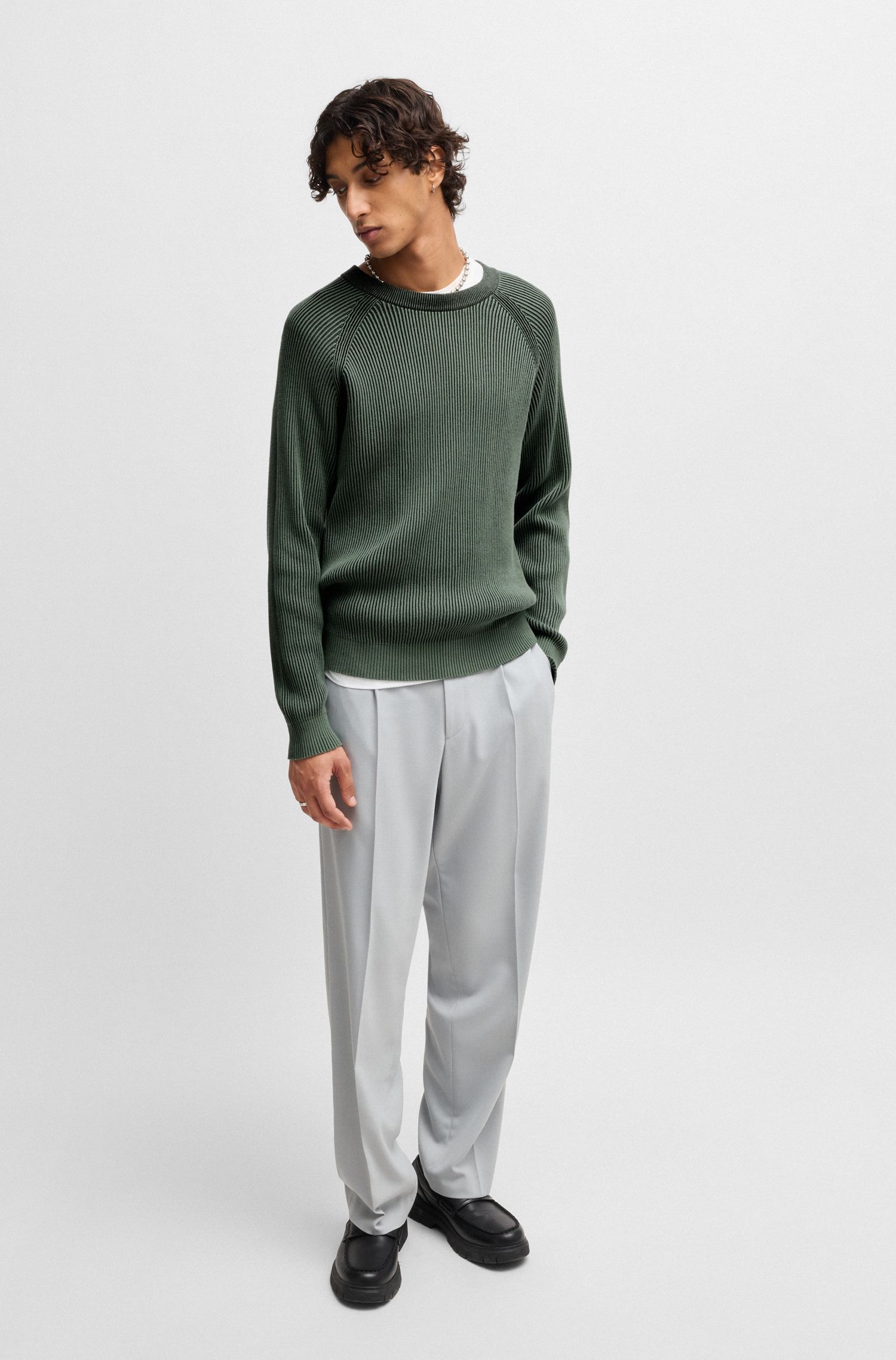 HUGO - Áo sweater cotton với chi tiết bo hai tông màu
