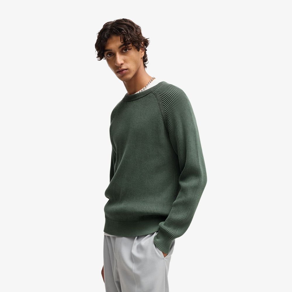 HUGO - Áo sweater cotton với chi tiết bo hai tông màu
