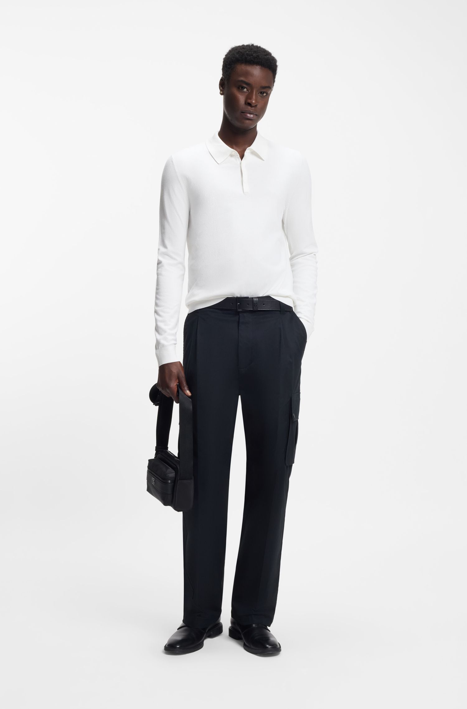 HUGO - Áo polo sweater dáng slim fit với khóa dấu