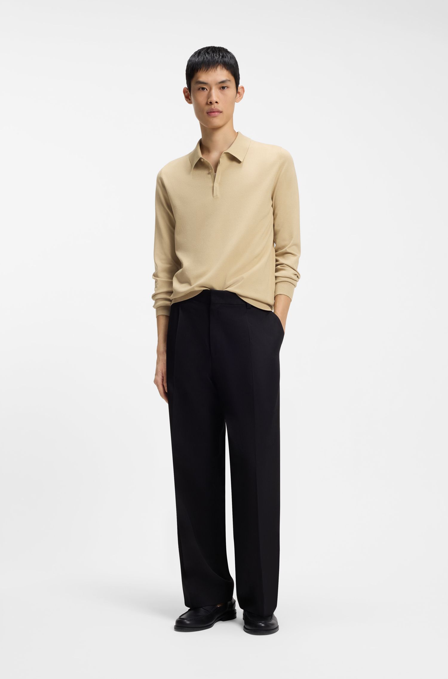 HUGO - Áo polo sweater dáng slim fit với khóa dấu