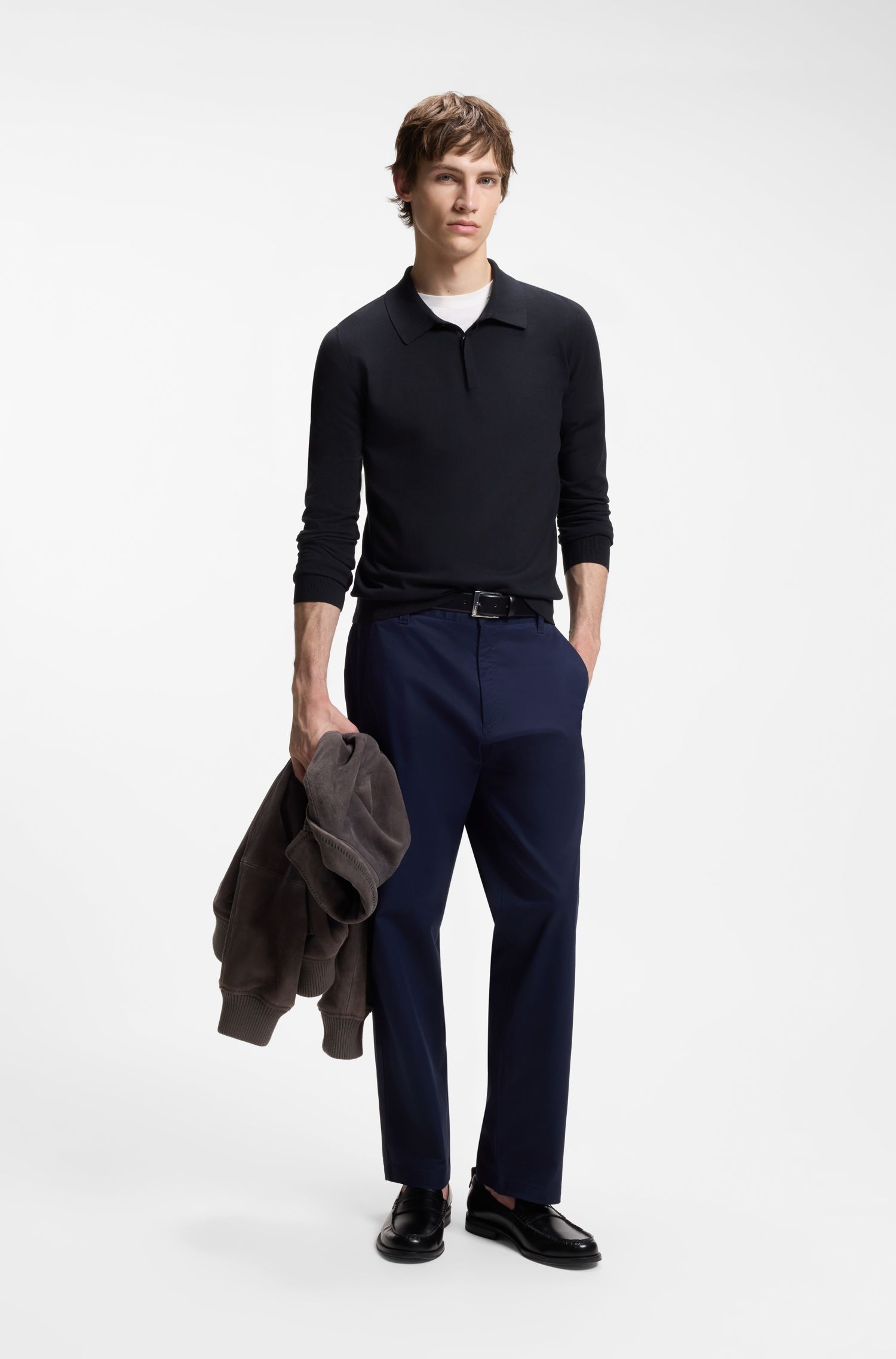 HUGO - Áo polo sweater dáng slim fit với khóa dấu