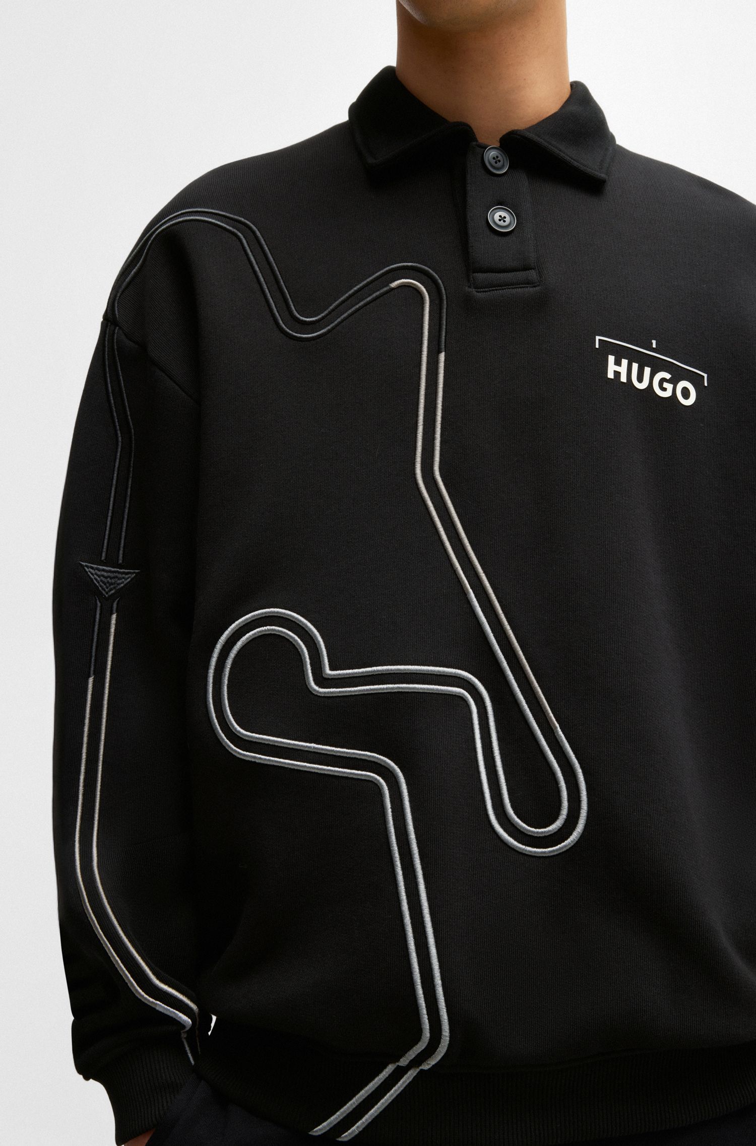 HUGO - Áo nỉ Drompol dáng relaxed fit họa tiết đua xe