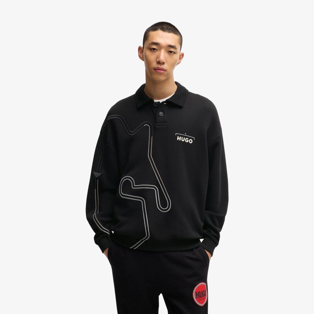 HUGO - Áo nỉ Drompol dáng relaxed fit họa tiết đua xe