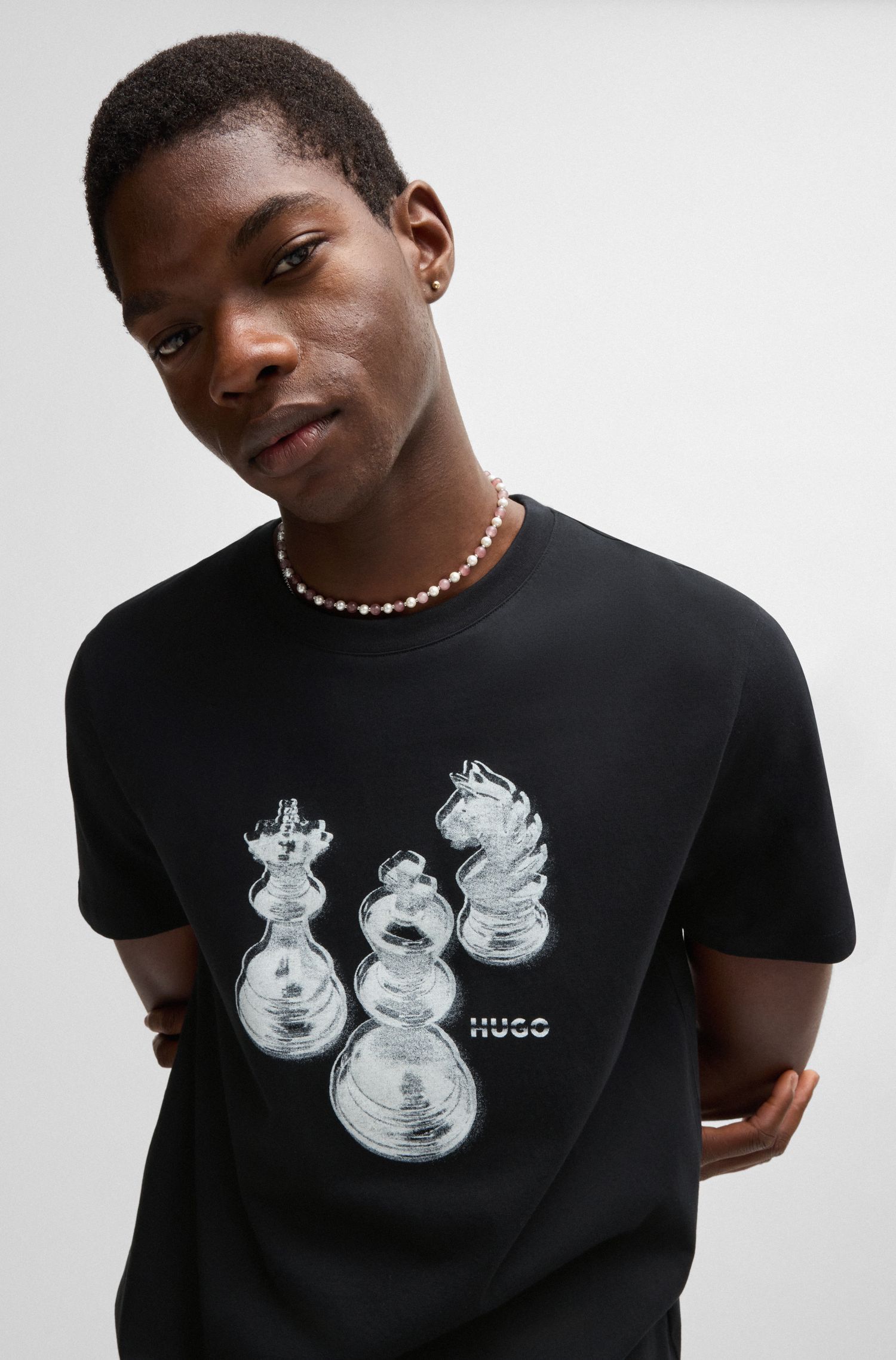 HUGO - Áo thun vải cotton jersey in họa tiết cờ vua