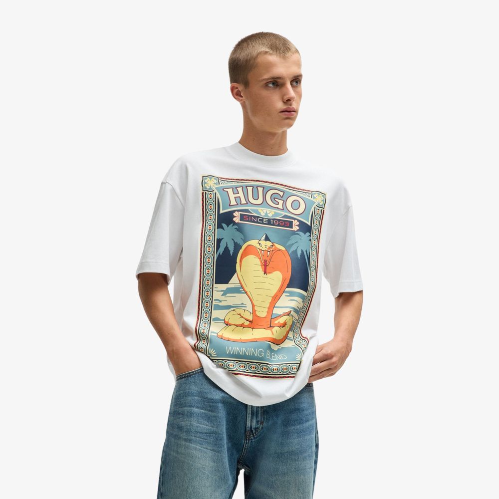 HUGO - Áo thun vải cotton-jersey với họa tiết đồ họa