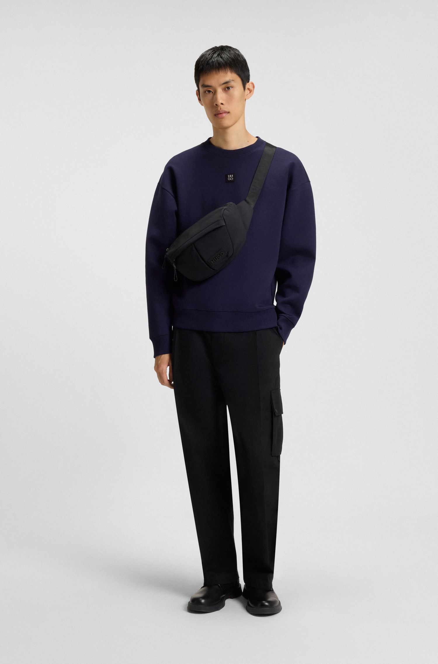 HUGO - Áo sweatshirt phối logo xếp chồng vải cotton pha