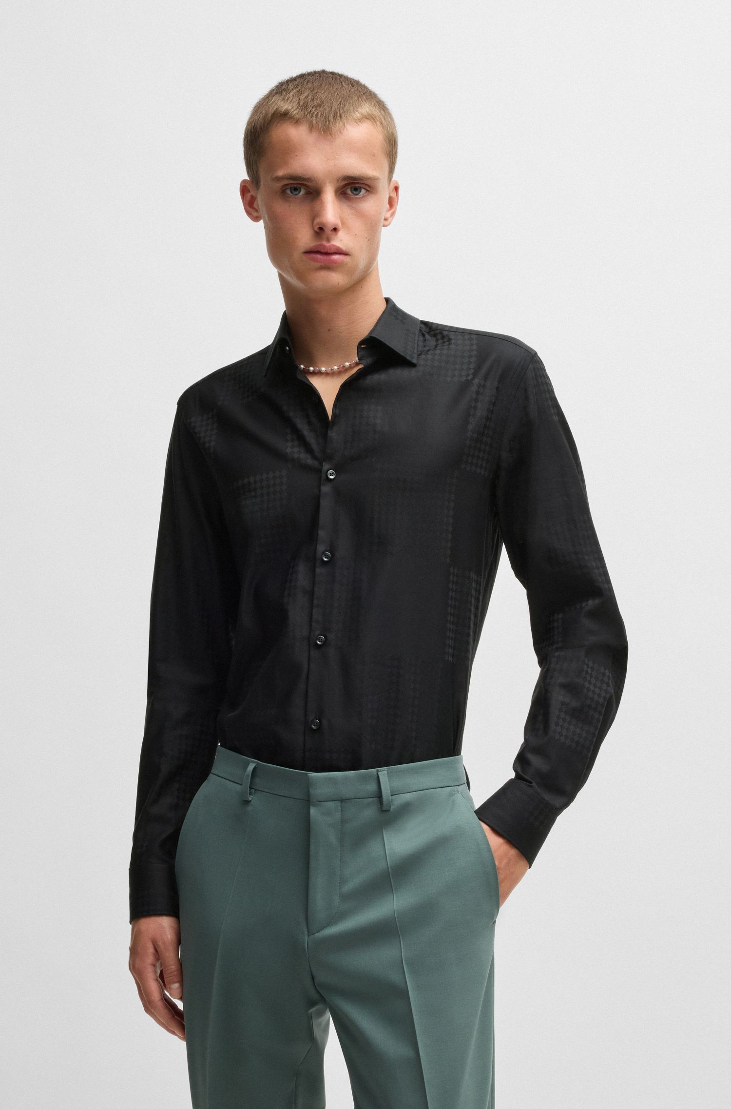 Áo sơ mi dáng slim-fit vải cotton jacquard in họa tiết caro