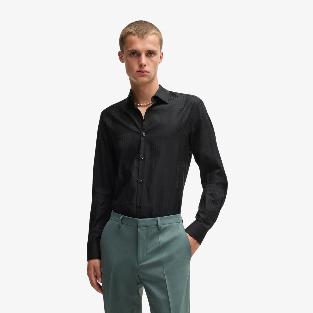 Áo sơ mi dáng slim-fit vải cotton jacquard in họa tiết caro