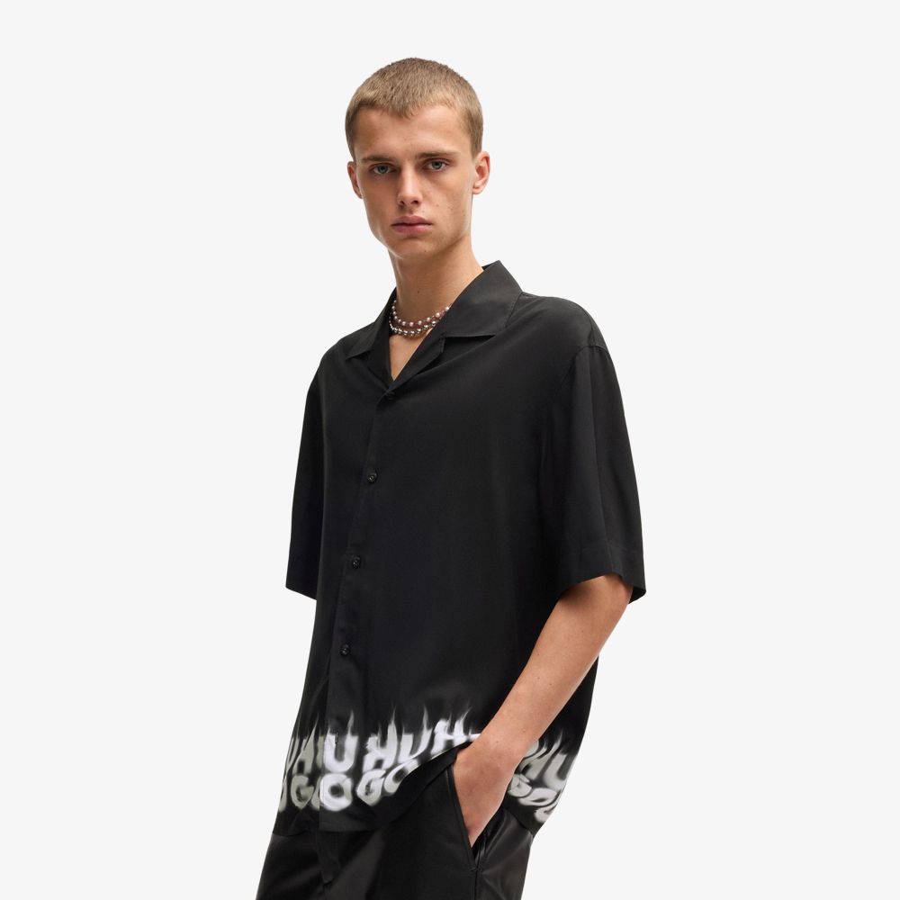 HUGO - Áo sơ mi dáng oversize-fit họa tiết logo khói