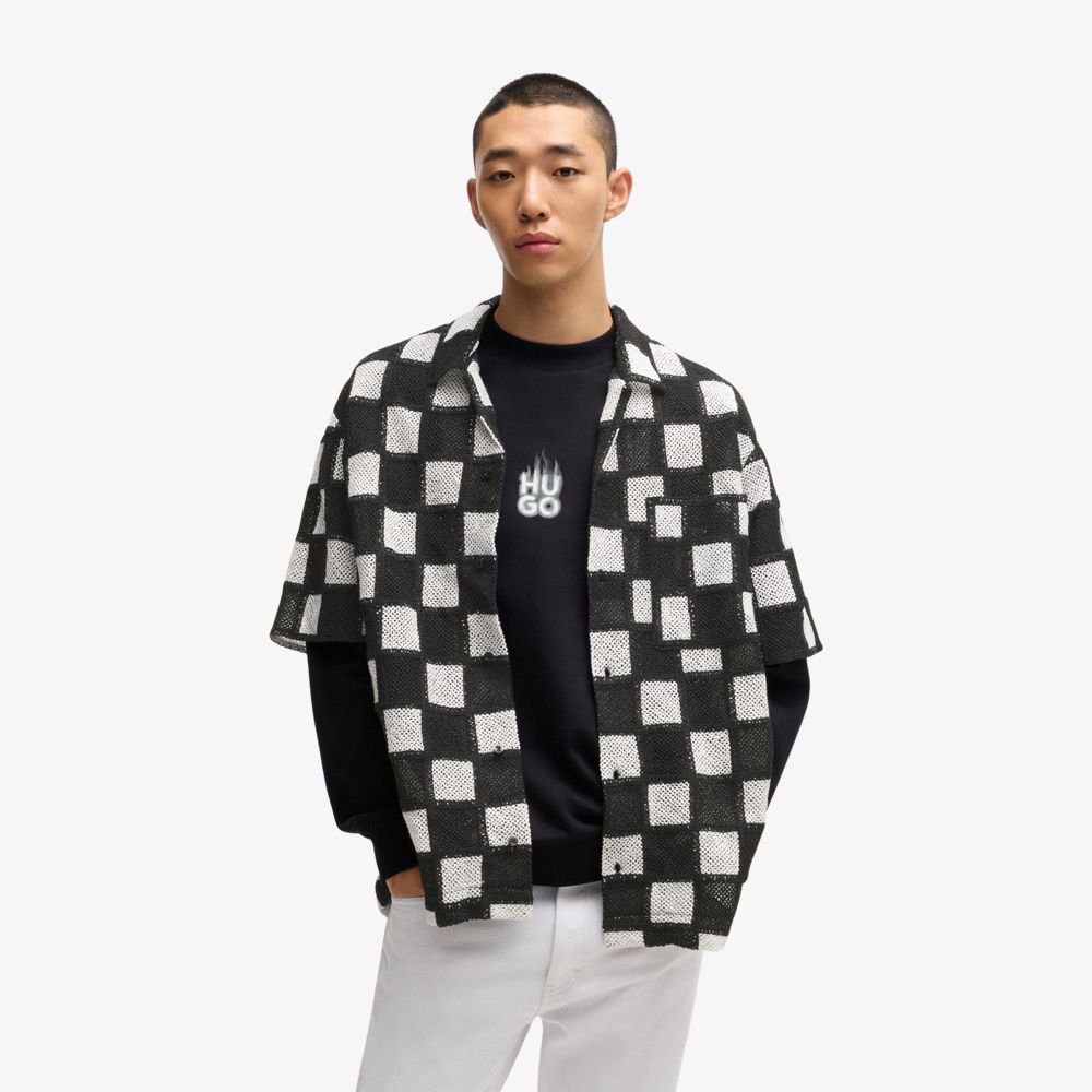 HUGO - Áo sơ mi dáng relaxed vải crochet họa tiết kẻ