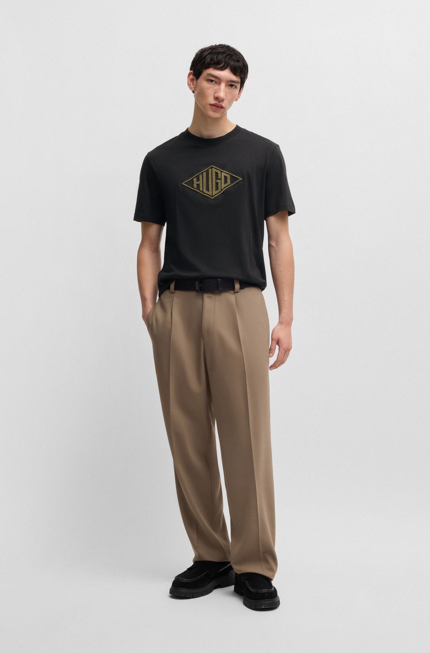 HUGO - Áo thun vải cotton jersey thêu logo hình