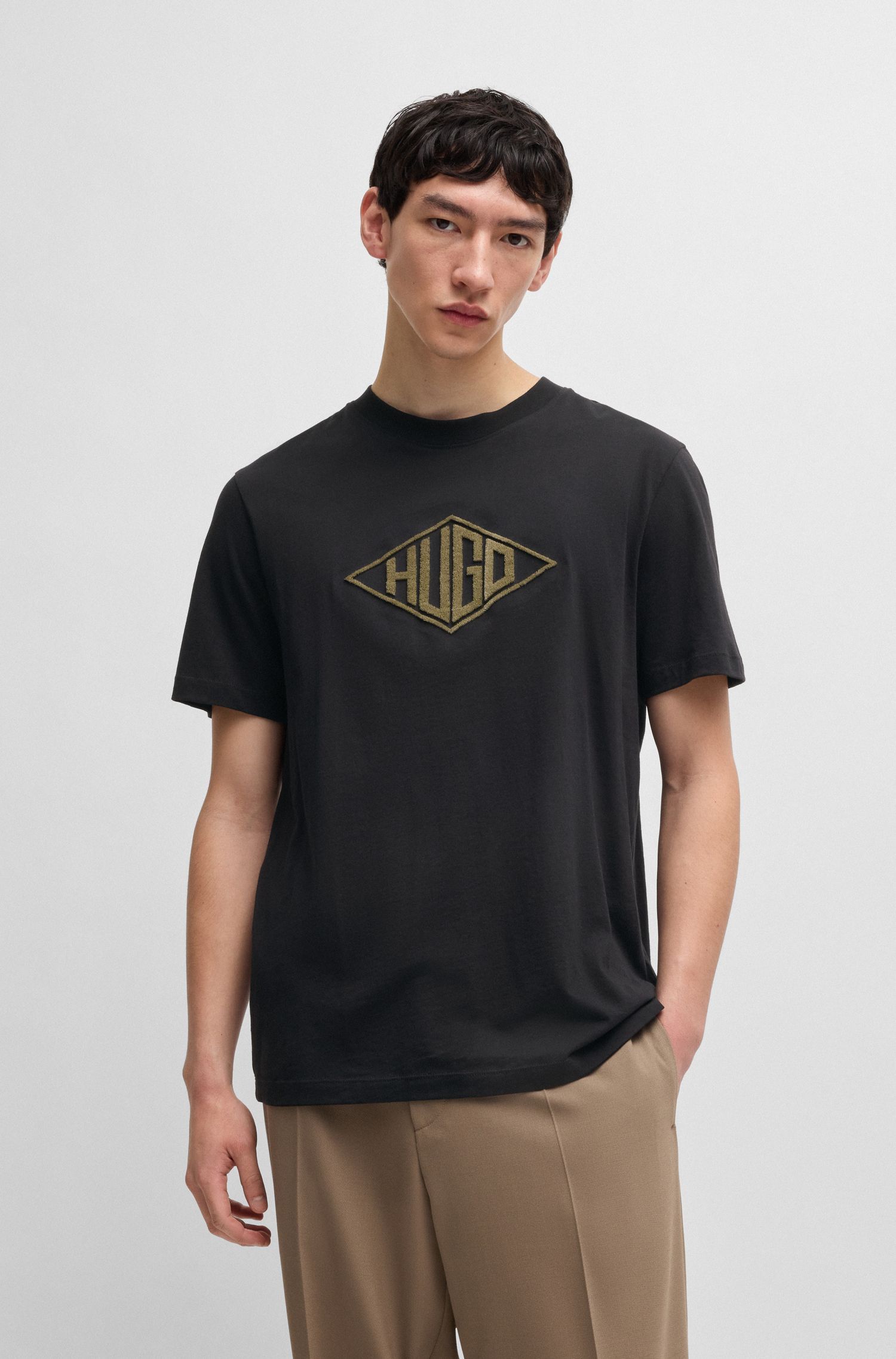HUGO - Áo thun vải cotton jersey thêu logo hình