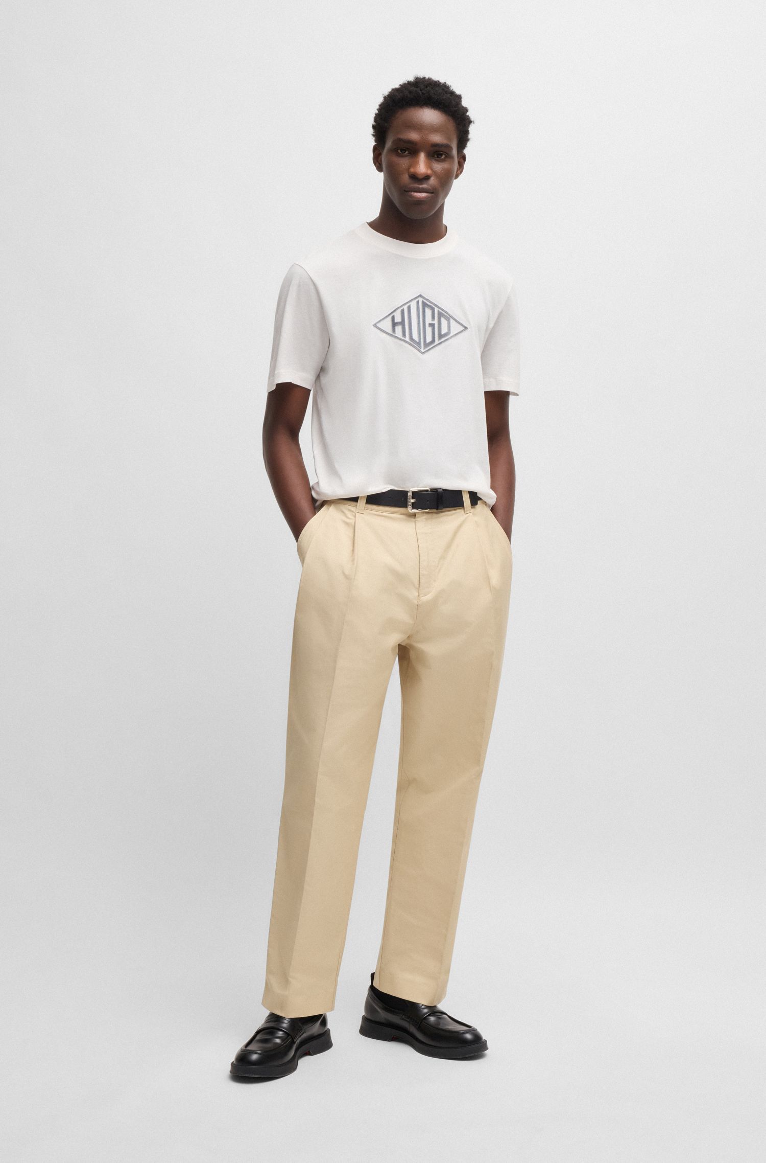 HUGO - Áo thun vải cotton jersey thêu logo hình