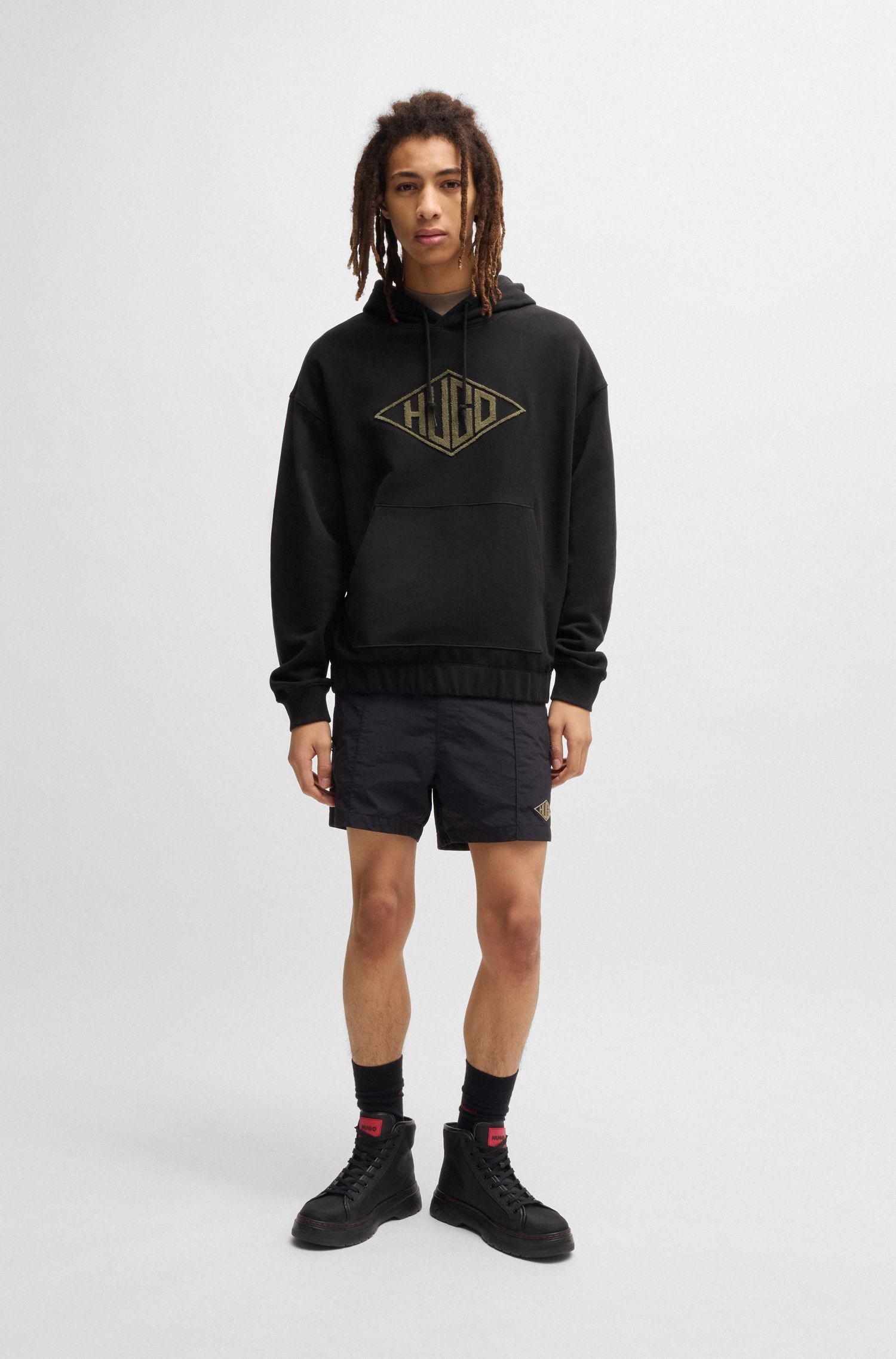 HUGO - Áo hoodie vải cotton terry thêu logo