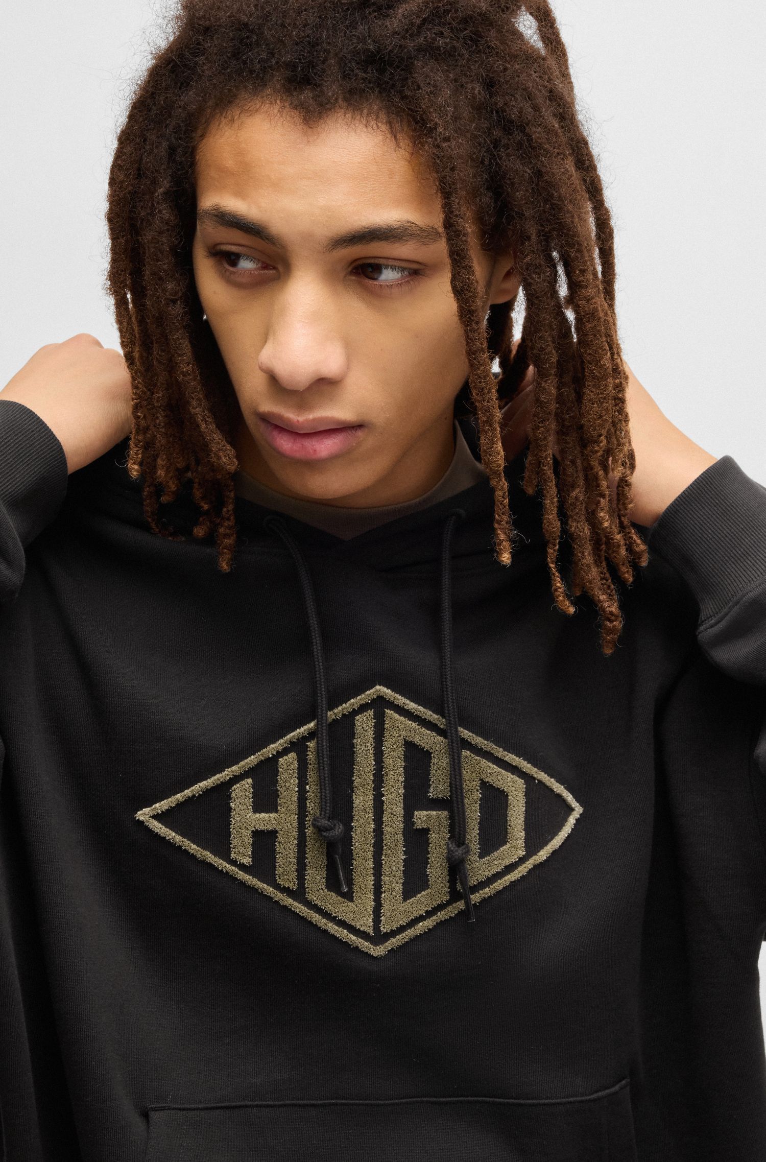 HUGO - Áo hoodie vải cotton terry thêu logo