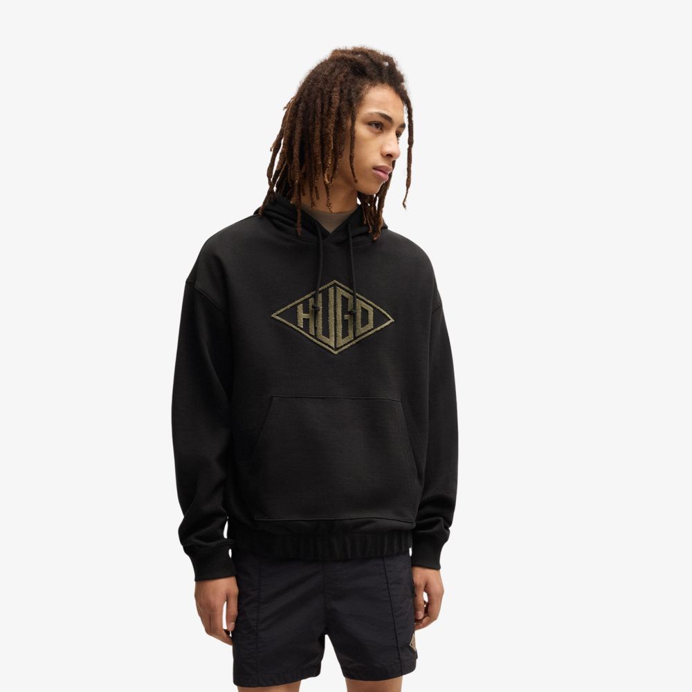 HUGO - Áo hoodie vải cotton terry thêu logo