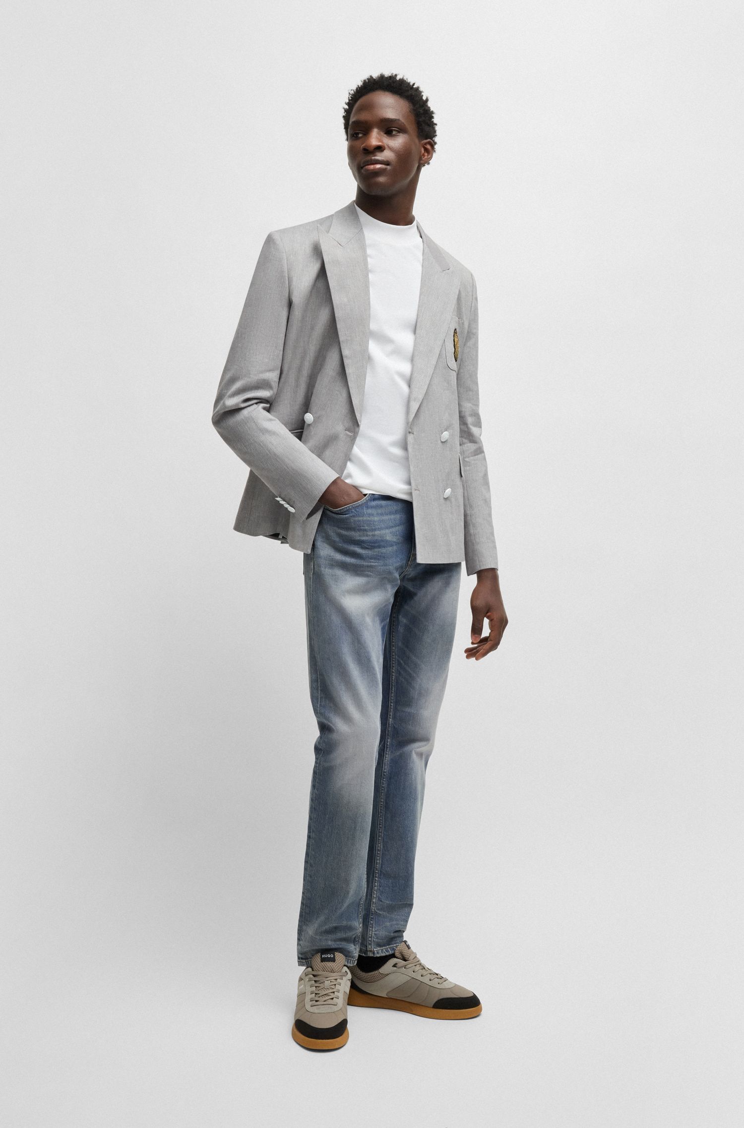 HUGO - Quần jeans dáng slim fit vải denim xám xanh co giãn